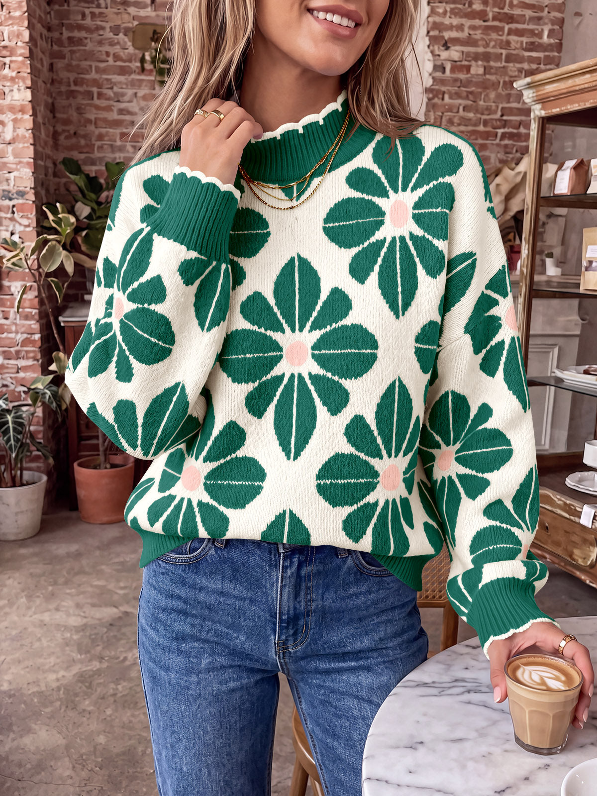 usvara Womens Mock Neck Floral Knit Sweater
