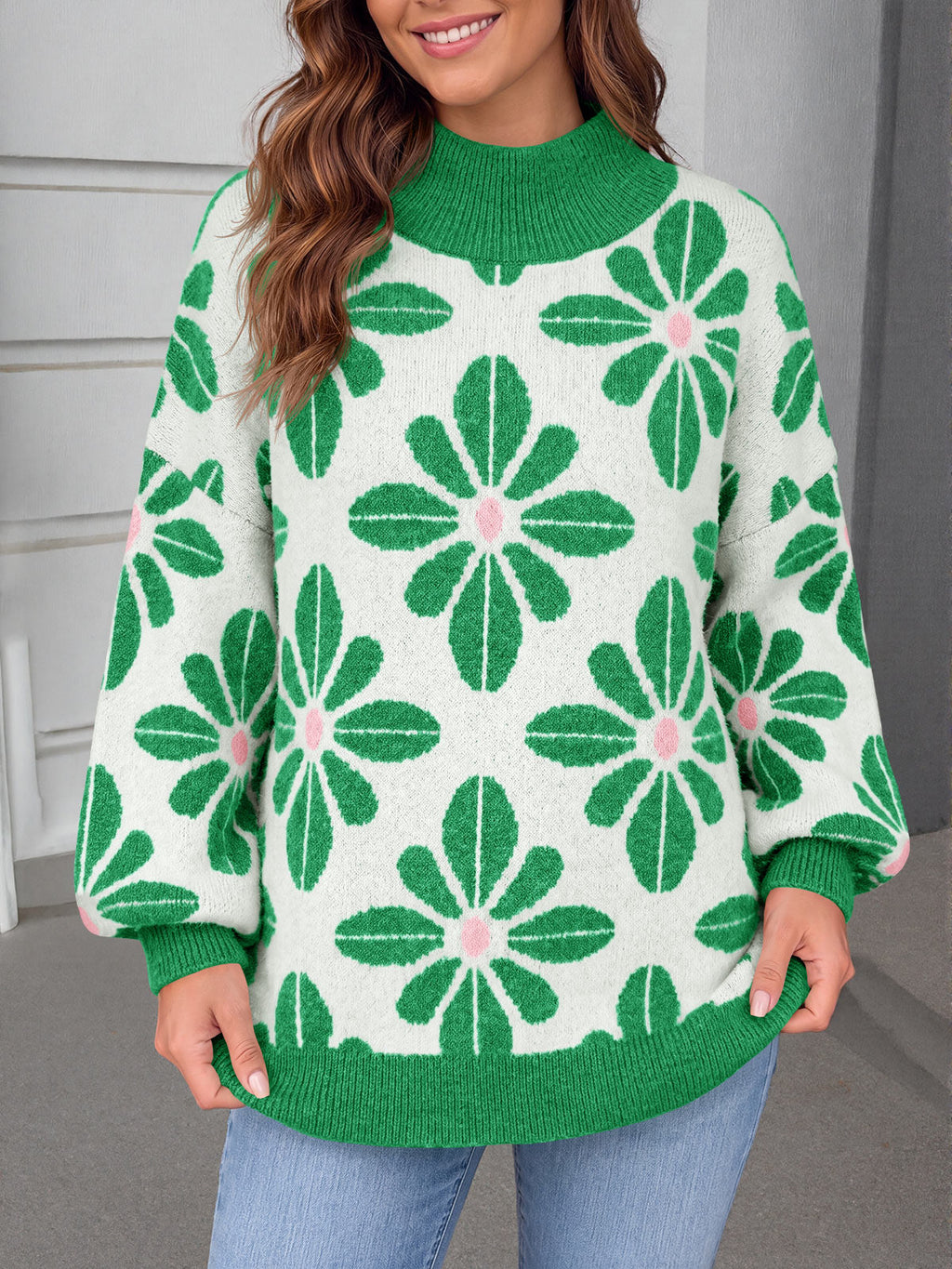 usvara Womens Floral Mock Neck Chunky Sweater