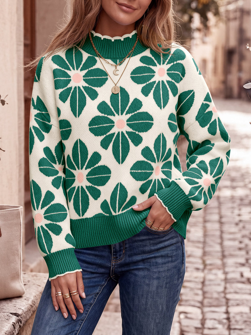 usvara Womens Mock Neck Floral Knit Sweater
