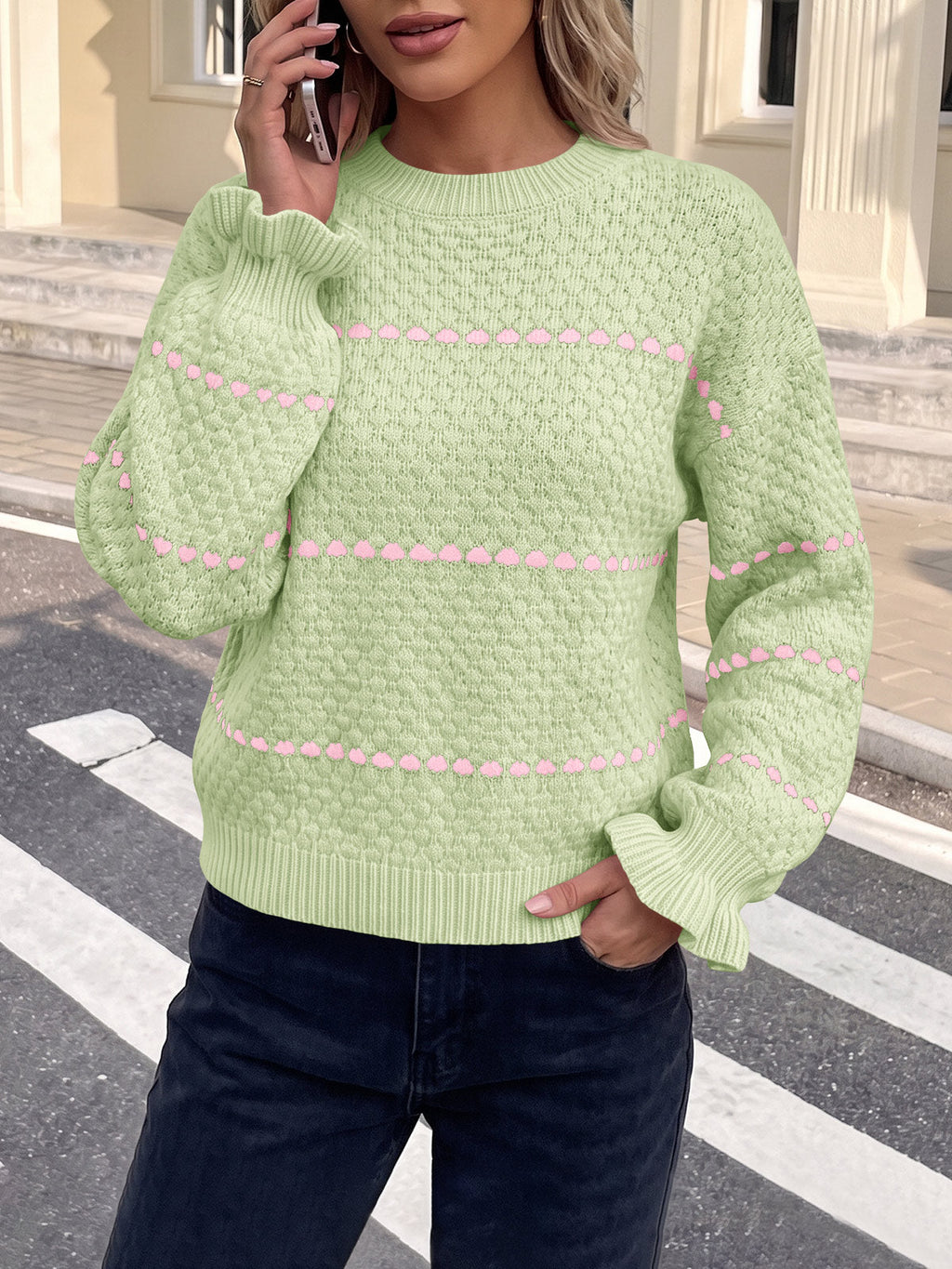 usvara Womens Heart Striped Ruffle Sweaters