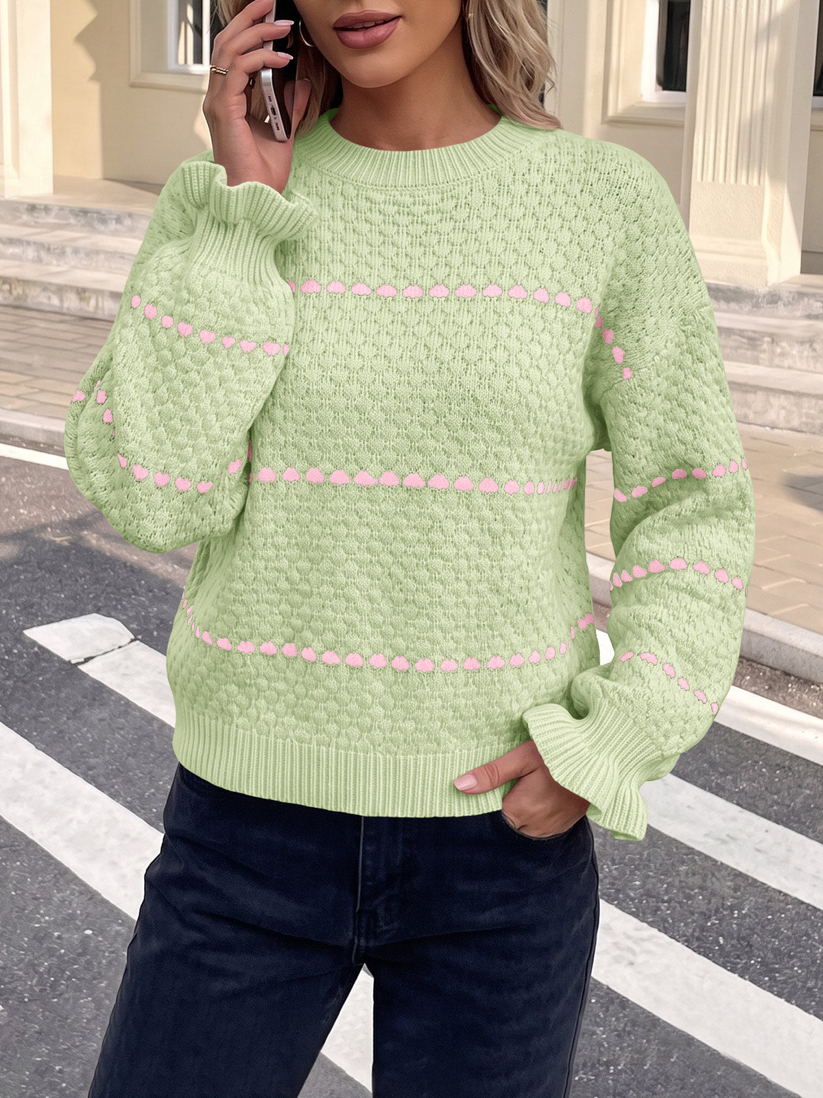 usvara Womens Heart Striped Ruffle Sweaters