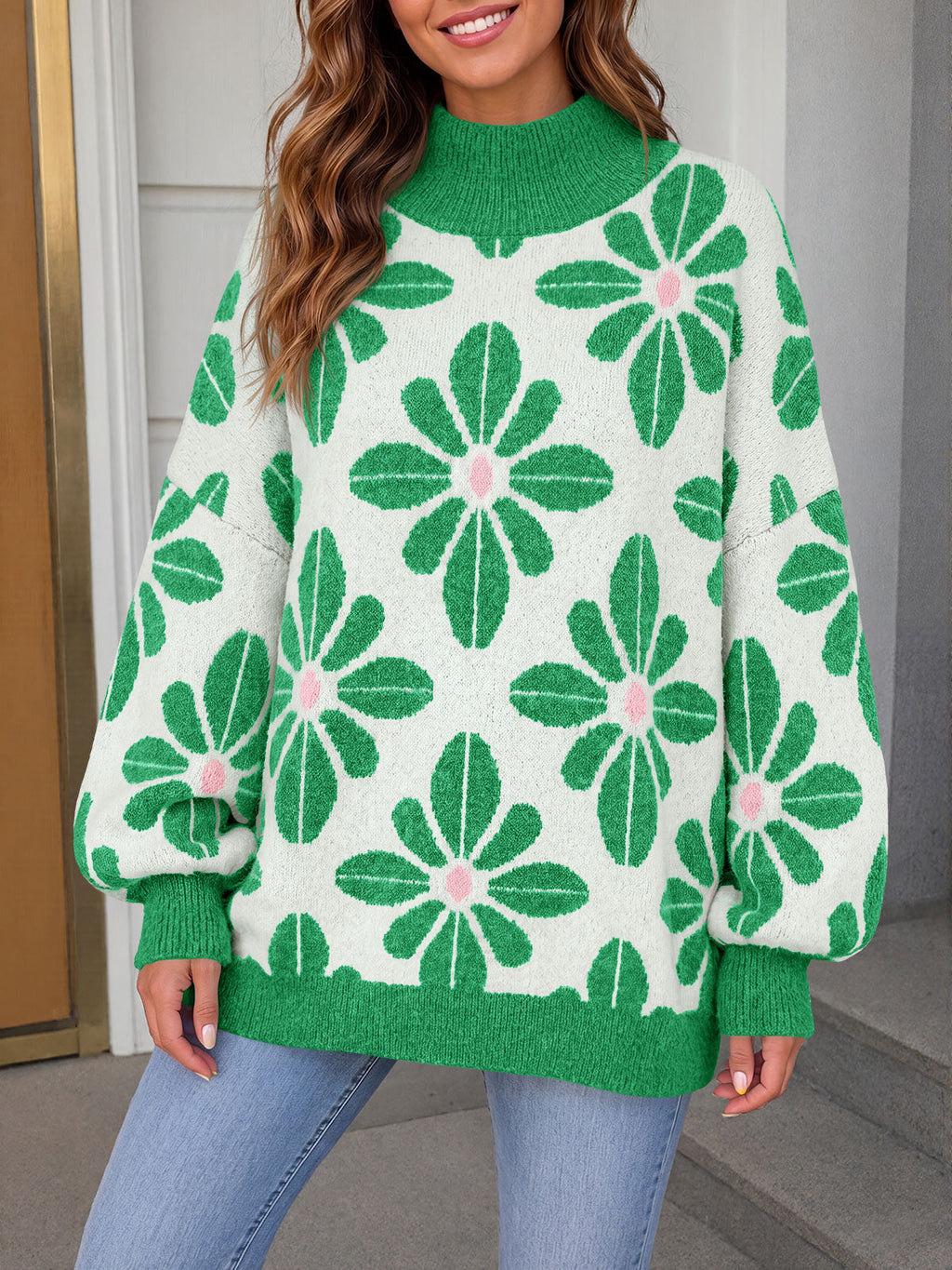usvara Womens Floral Mock Neck Chunky Sweater