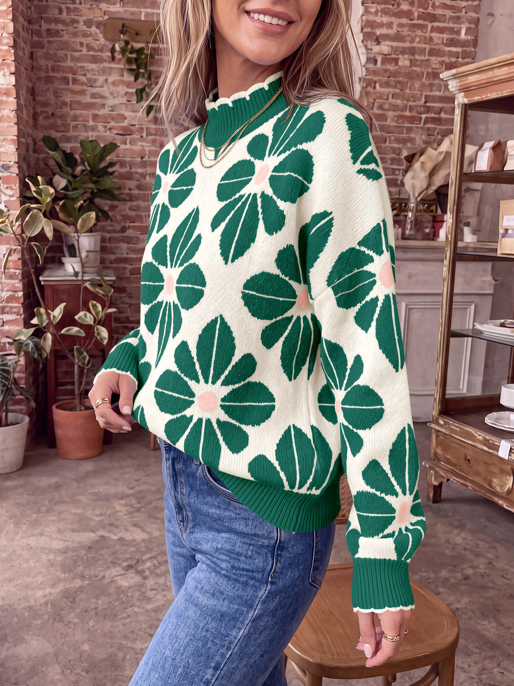usvara Womens Mock Neck Floral Knit Sweater