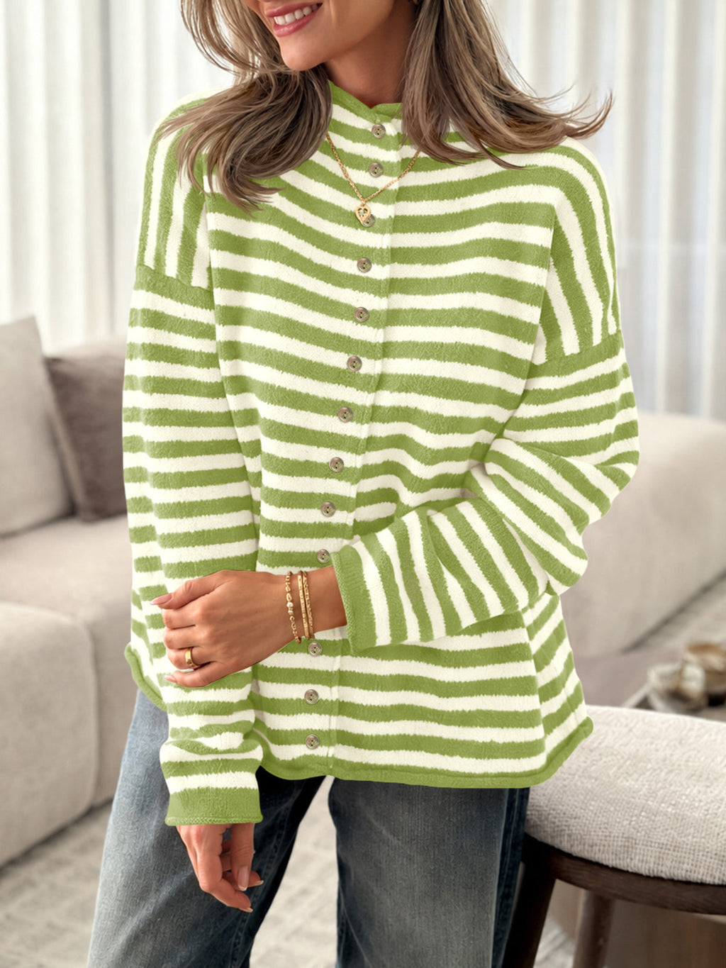 usvara Womens Striped Mock Neck Cardigan