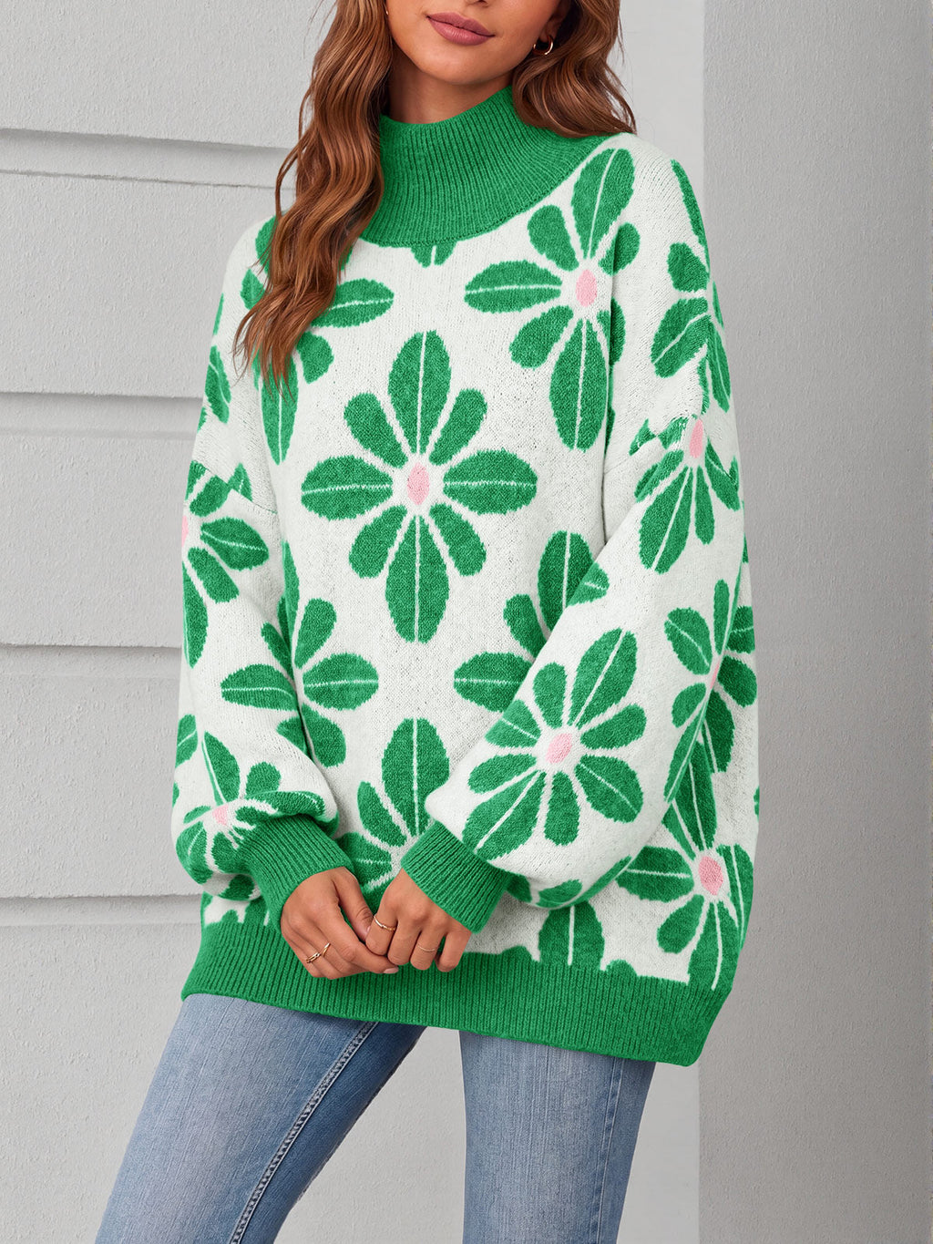 usvara Womens Floral Mock Neck Chunky Sweater