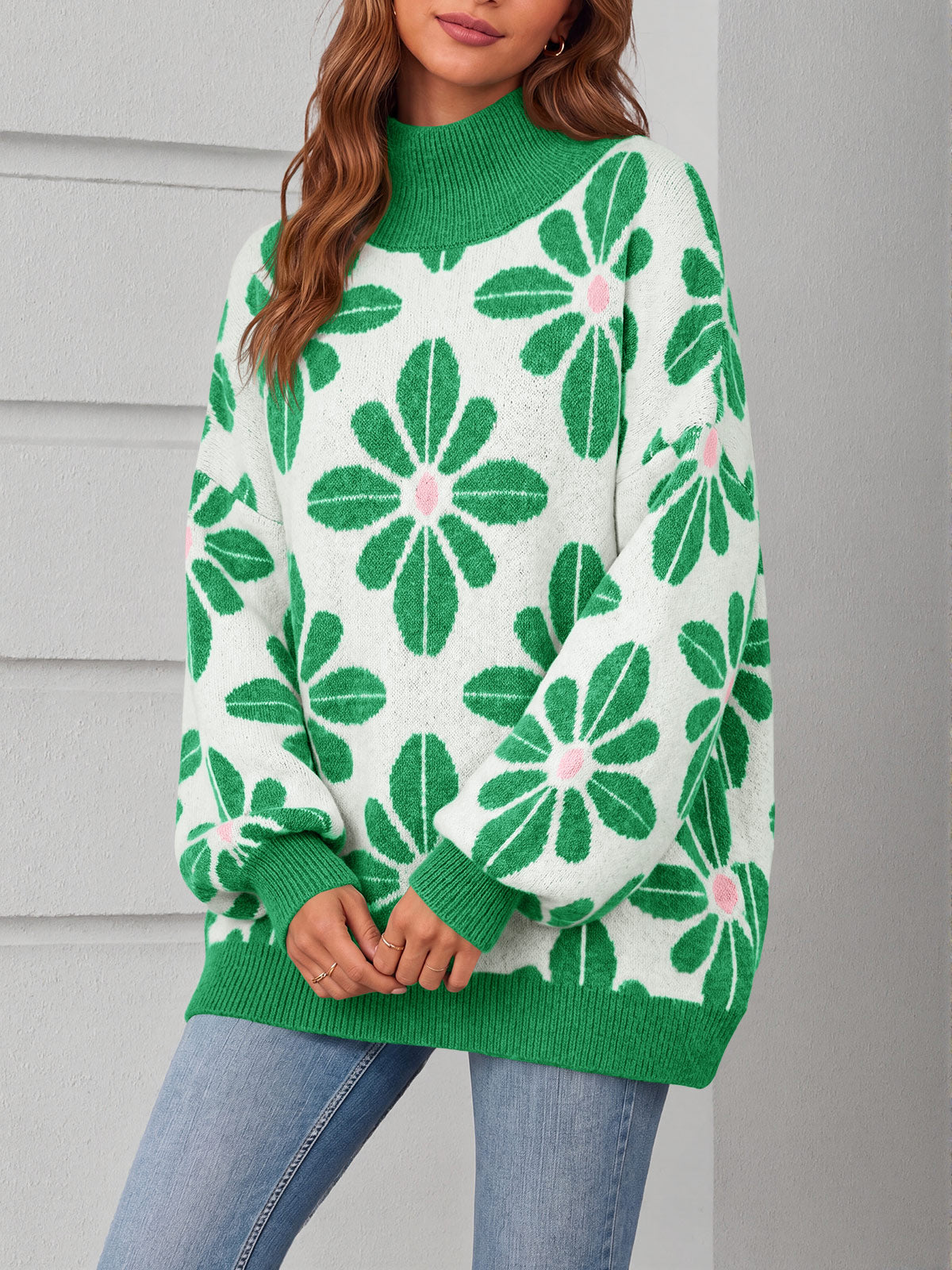 usvara Womens Floral Mock Neck Chunky Sweater
