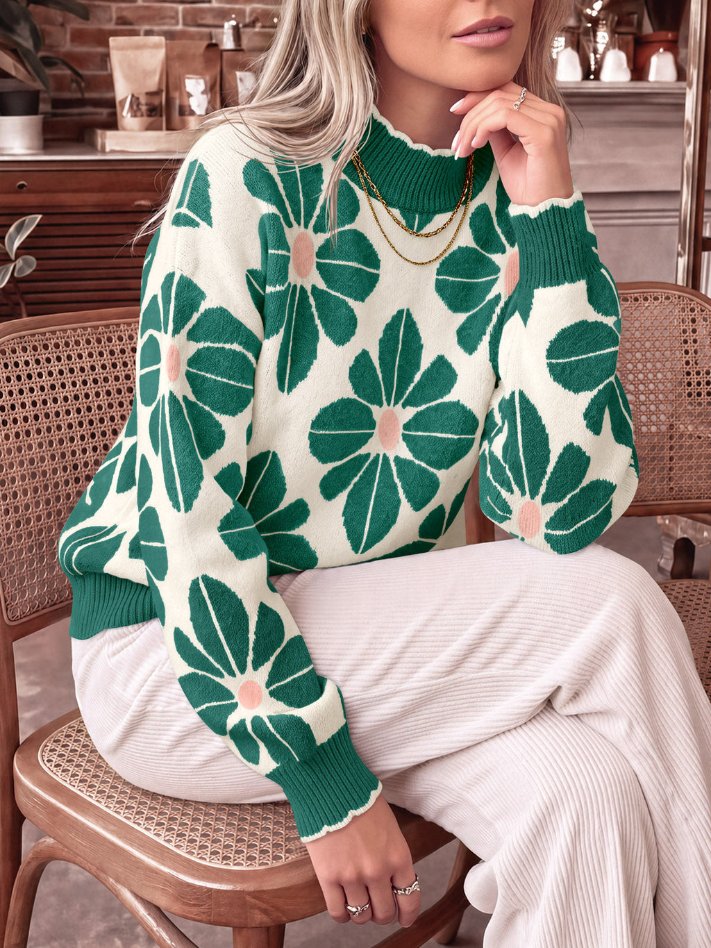 usvara Womens Mock Neck Floral Knit Sweater