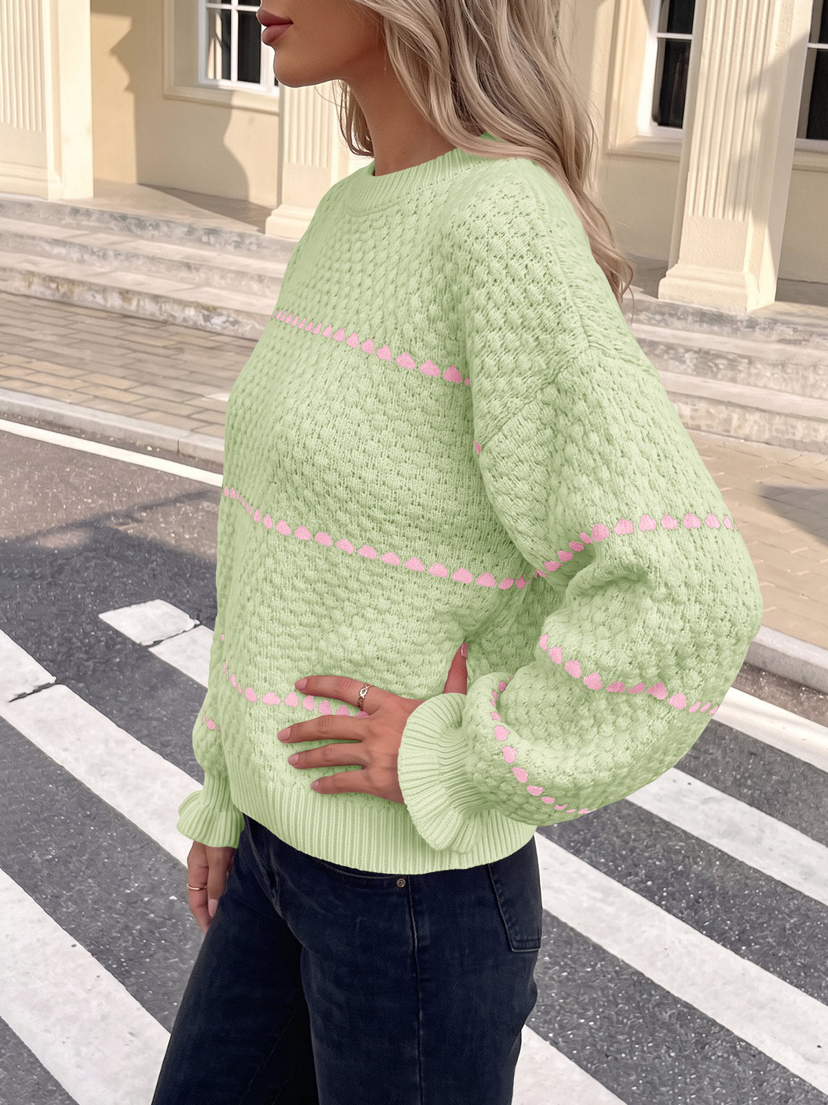 usvara Womens Heart Striped Ruffle Sweaters