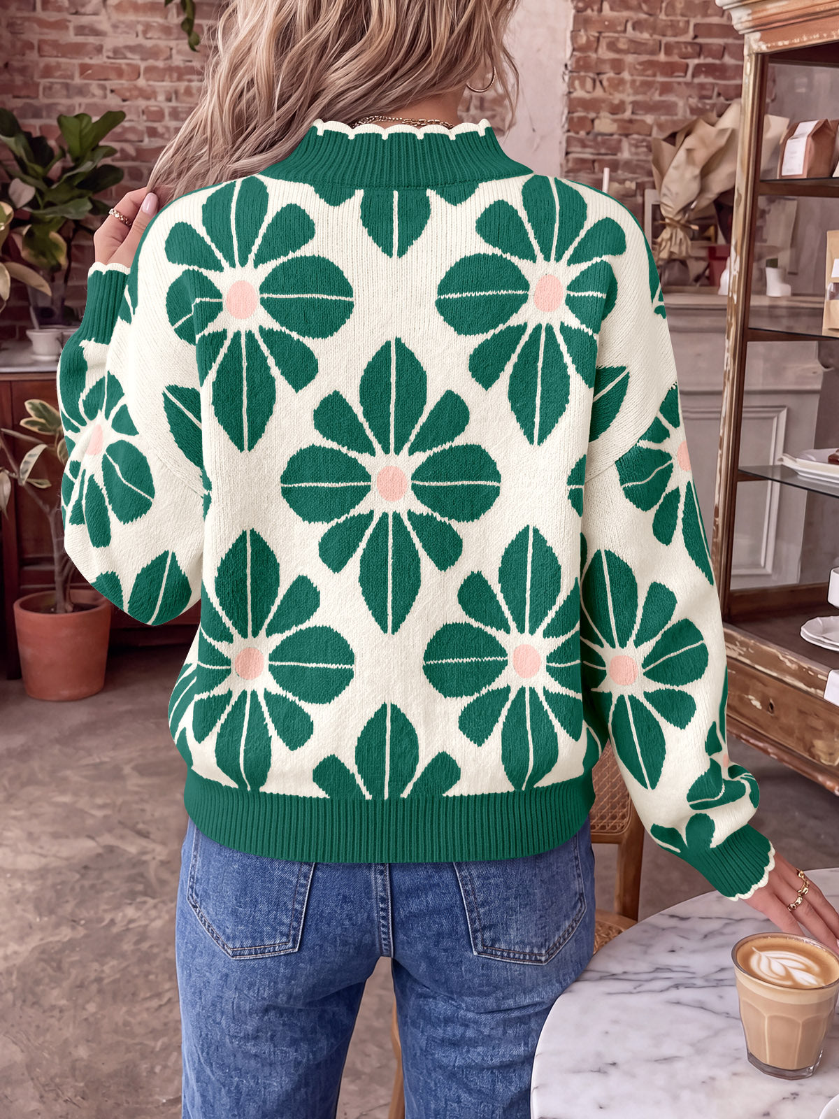 usvara Womens Mock Neck Floral Knit Sweater