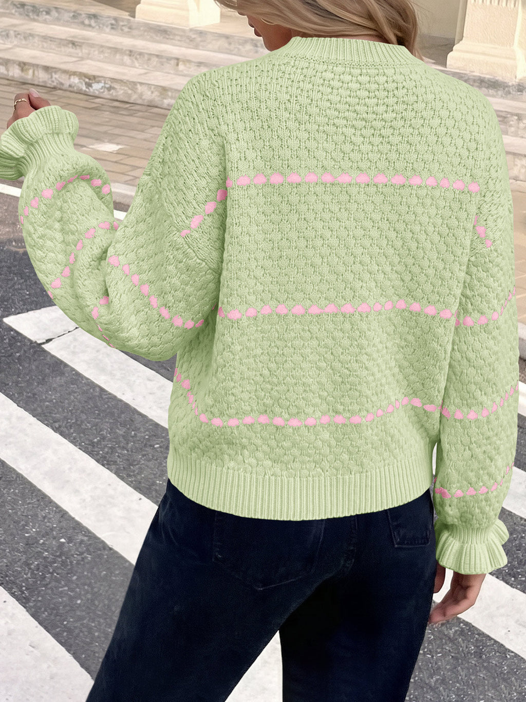 usvara Womens Heart Striped Ruffle Sweaters