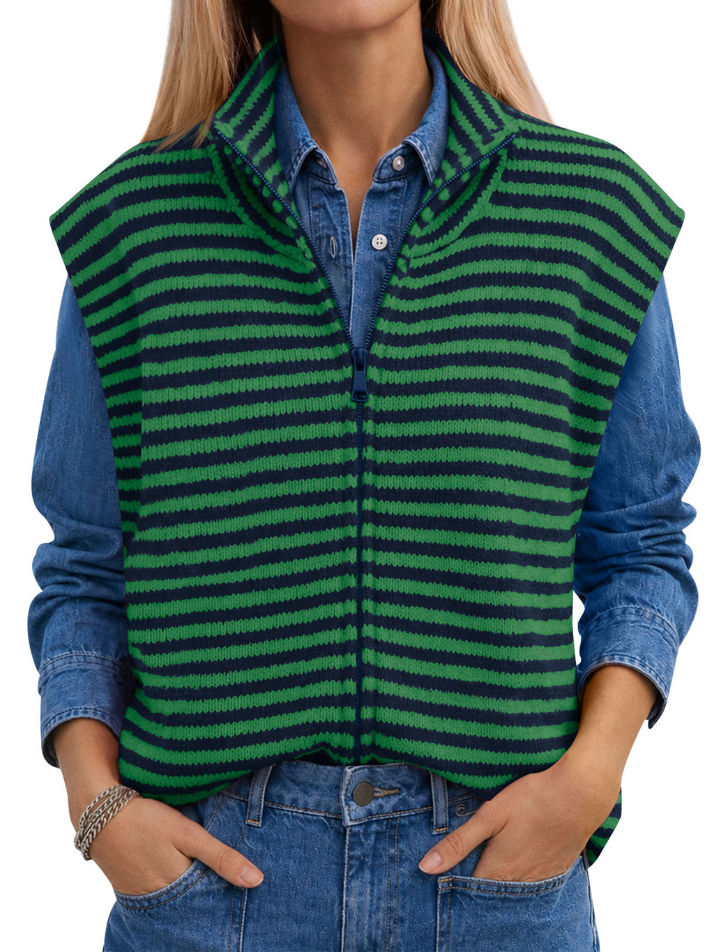 usvara Women Striped Zip Up Knit Cardigan
