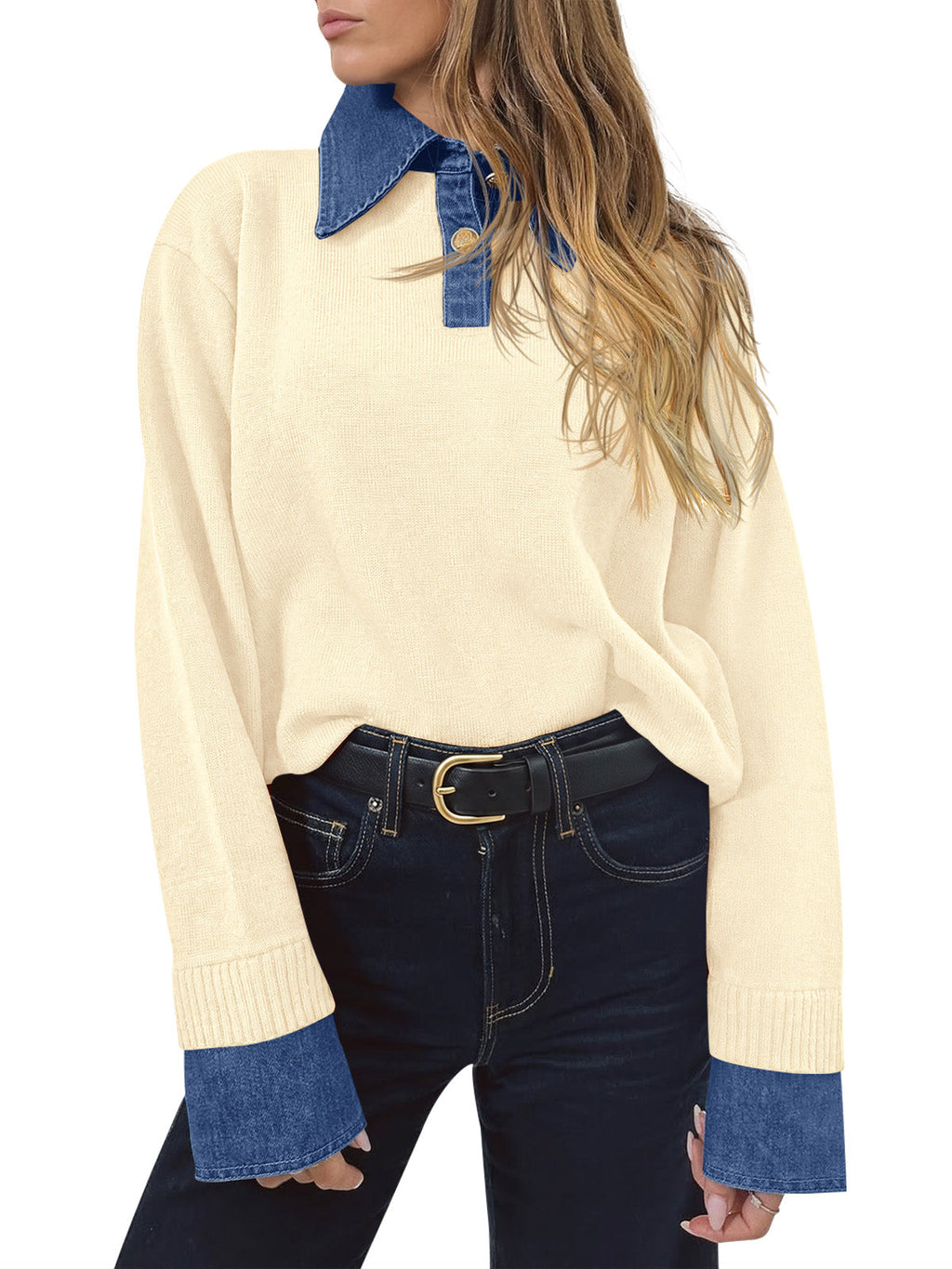 usvara Women Denim Patchwork V Neck Sweater Tops