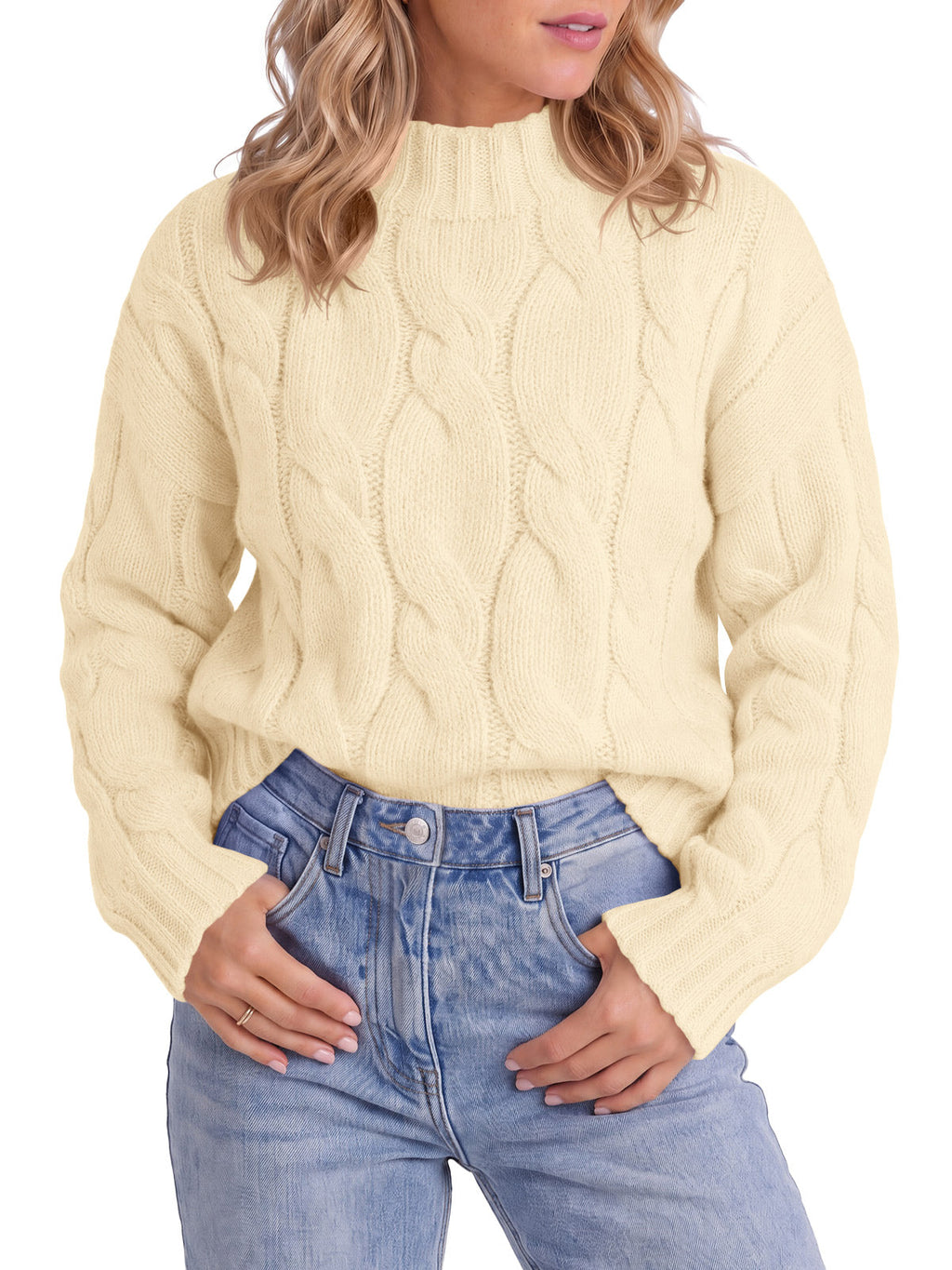 usvara Womens Mock Neck Cable Knit Sweater