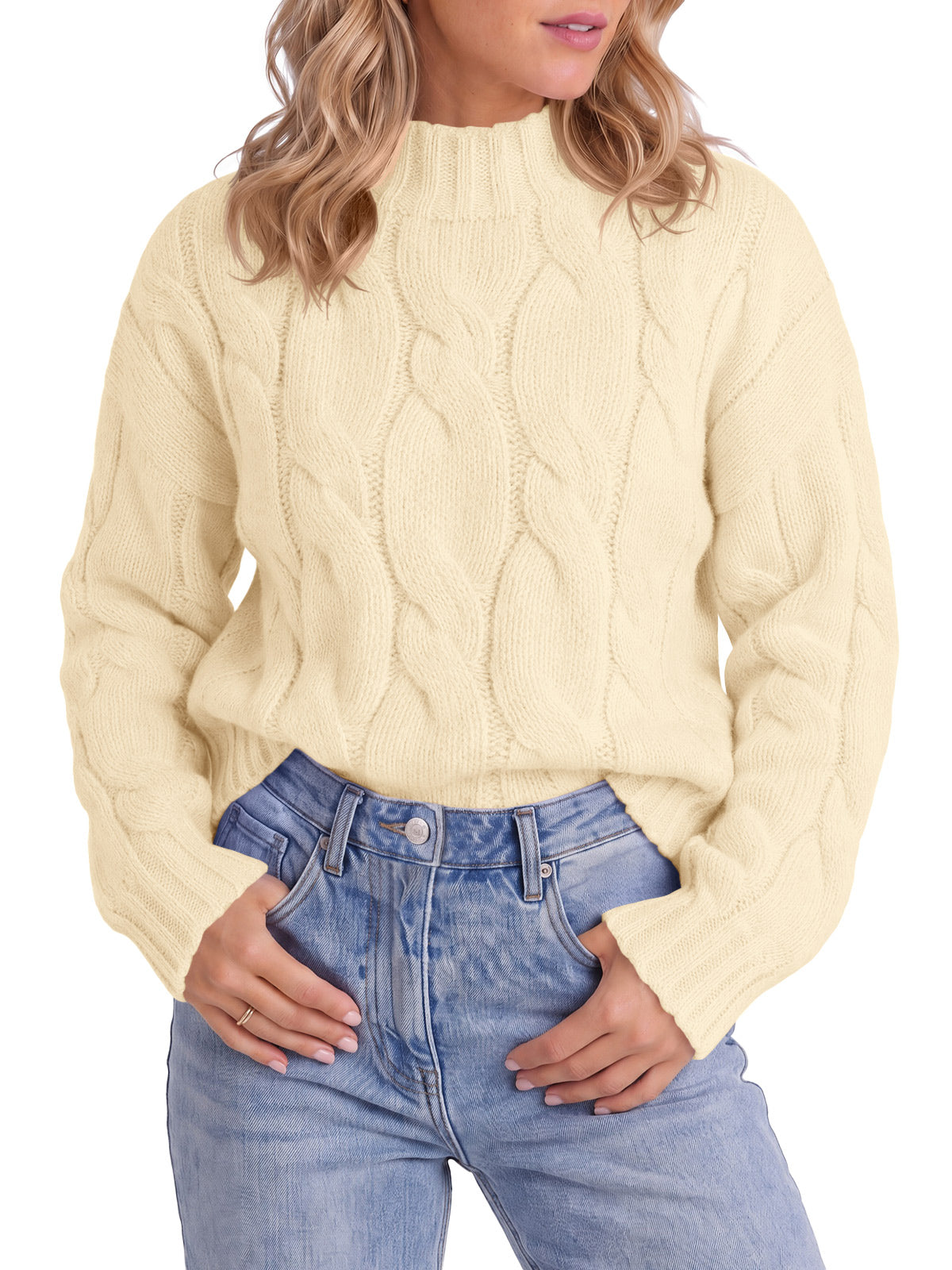 usvara Womens Mock Neck Cable Knit Sweater