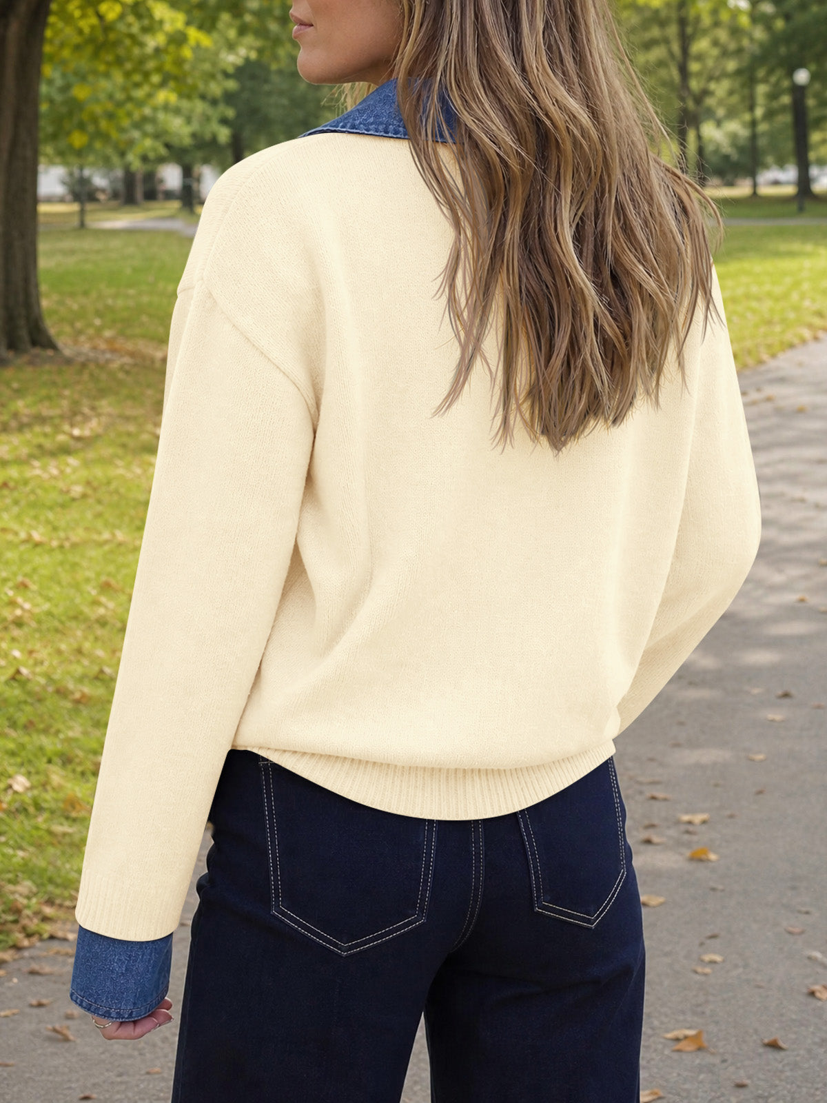 usvara Women Denim Patchwork V Neck Sweater Tops