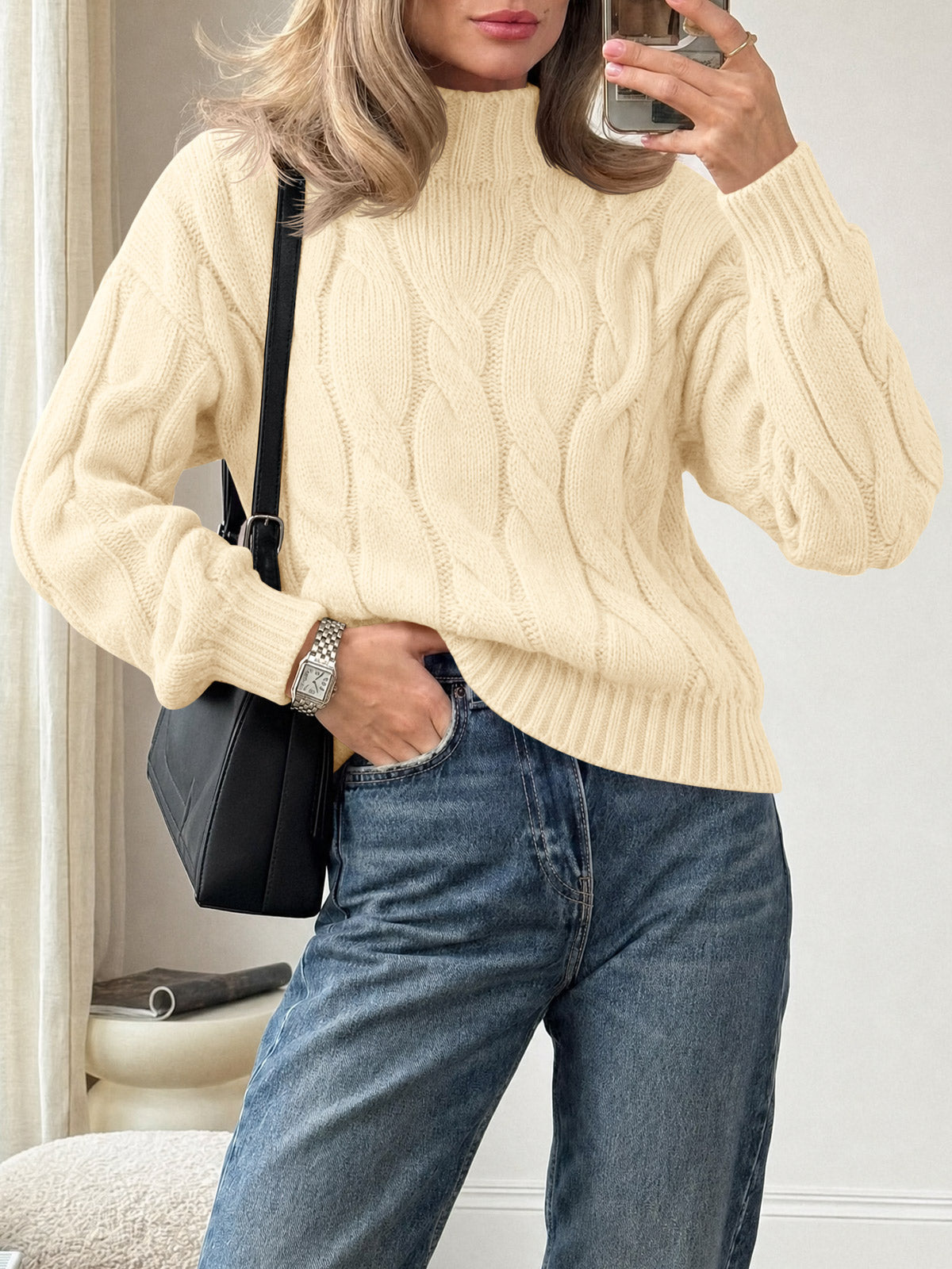 usvara Womens Mock Neck Cable Knit Sweater