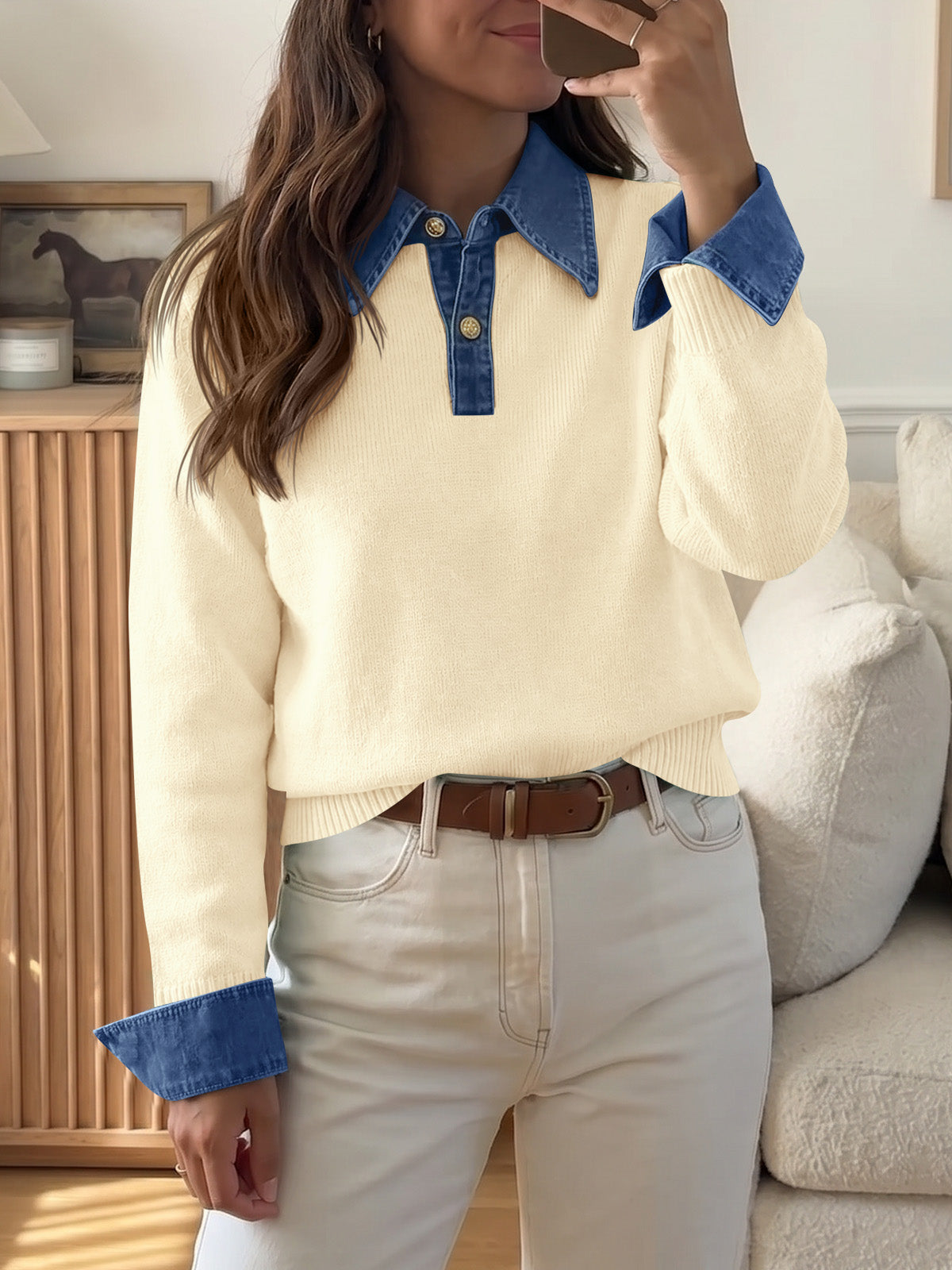 usvara Women Denim Patchwork V Neck Sweater Tops
