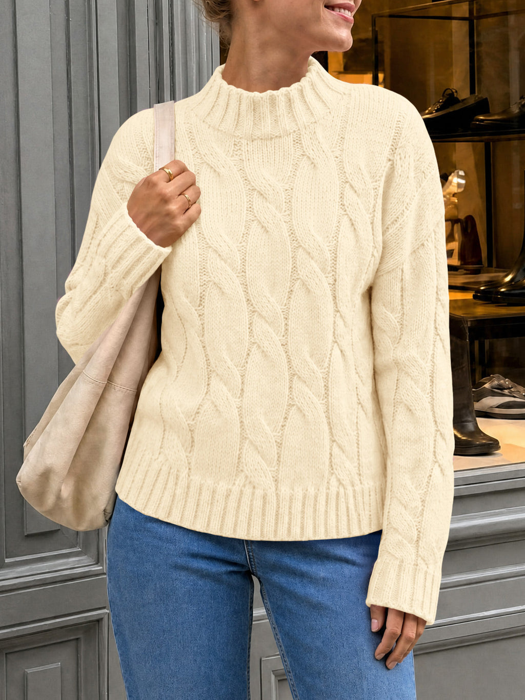 usvara Womens Mock Neck Cable Knit Sweater