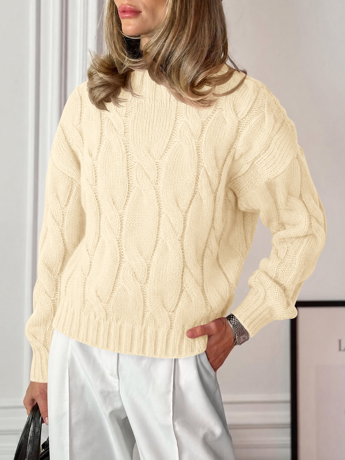usvara Womens Mock Neck Cable Knit Sweater