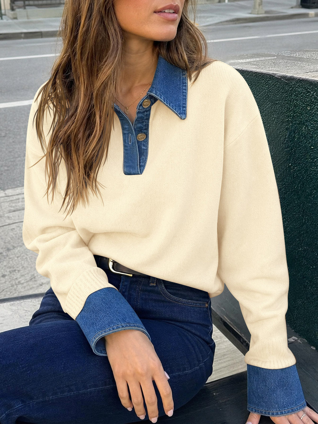 usvara Women Denim Patchwork V Neck Sweater Tops