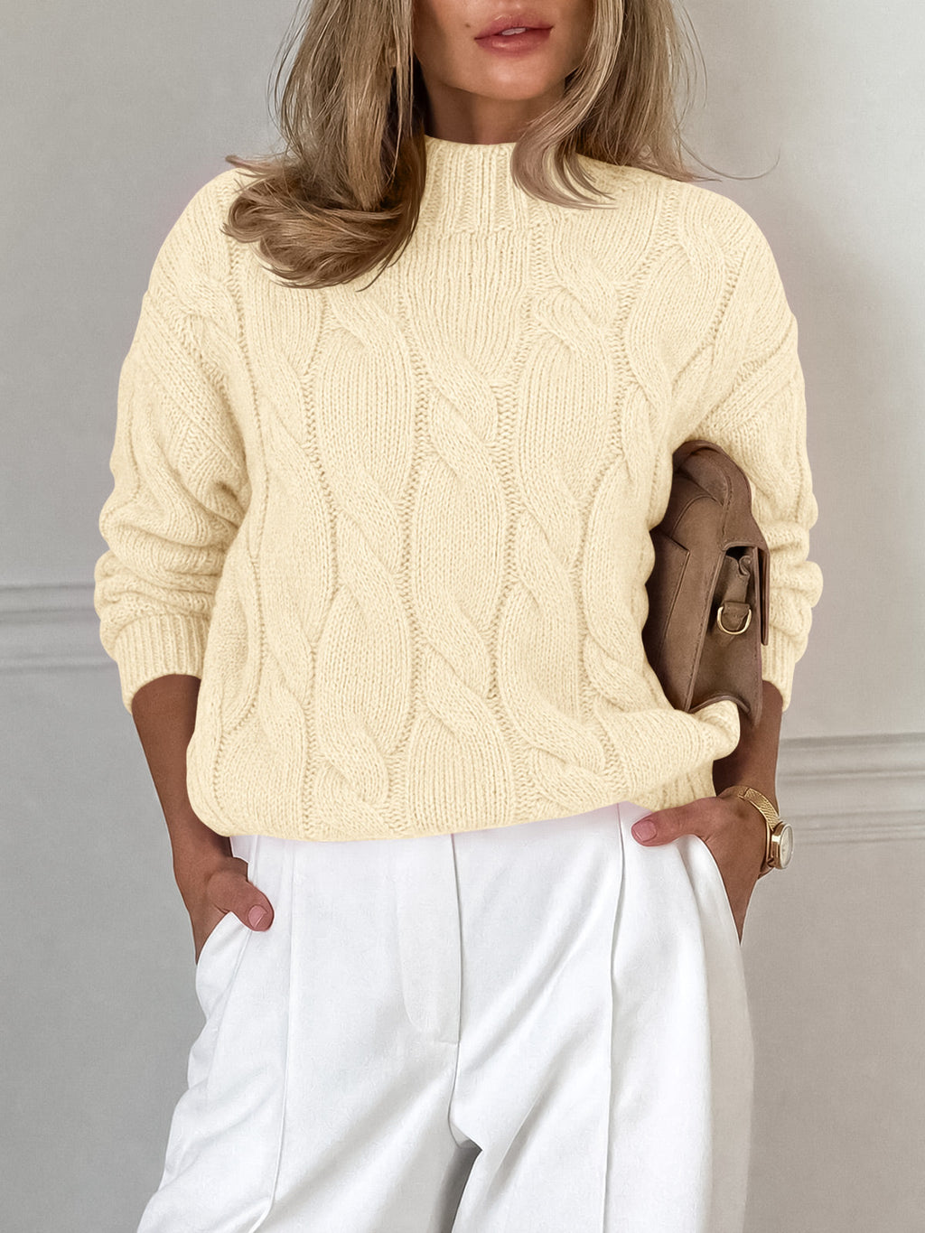 usvara Womens Mock Neck Cable Knit Sweater