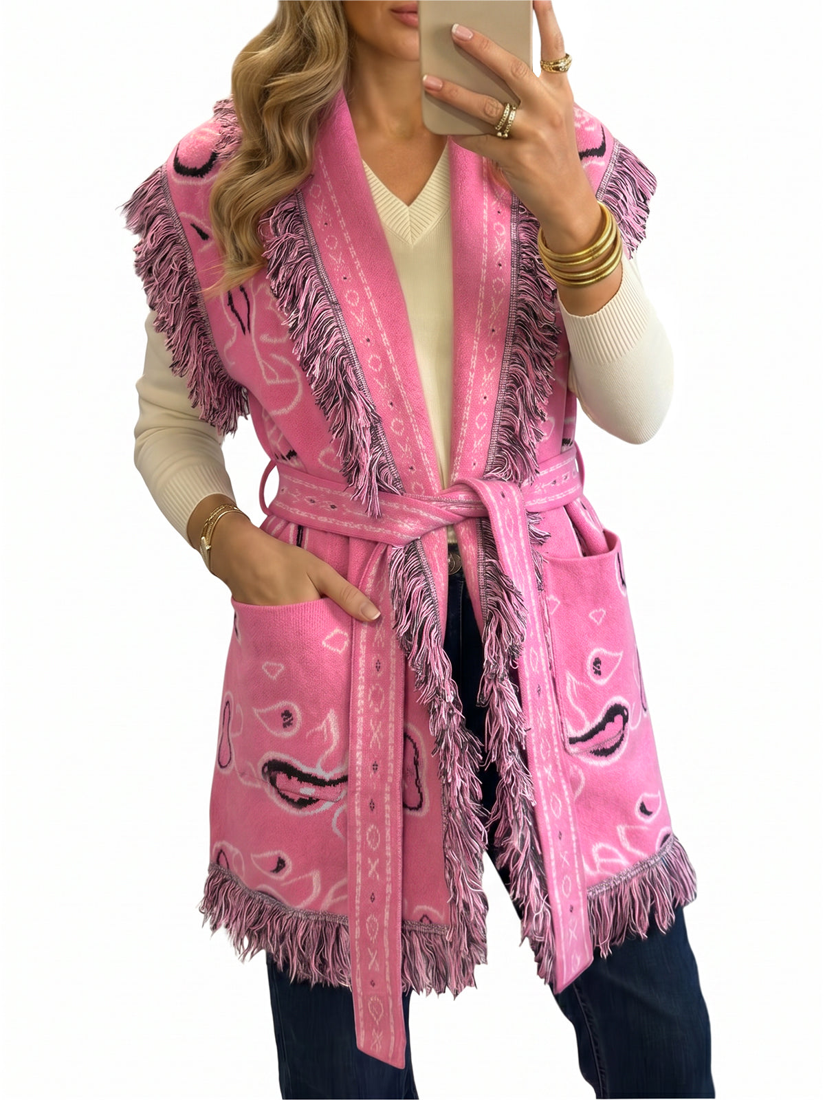 usvara Women Fringe Knit Cardigan