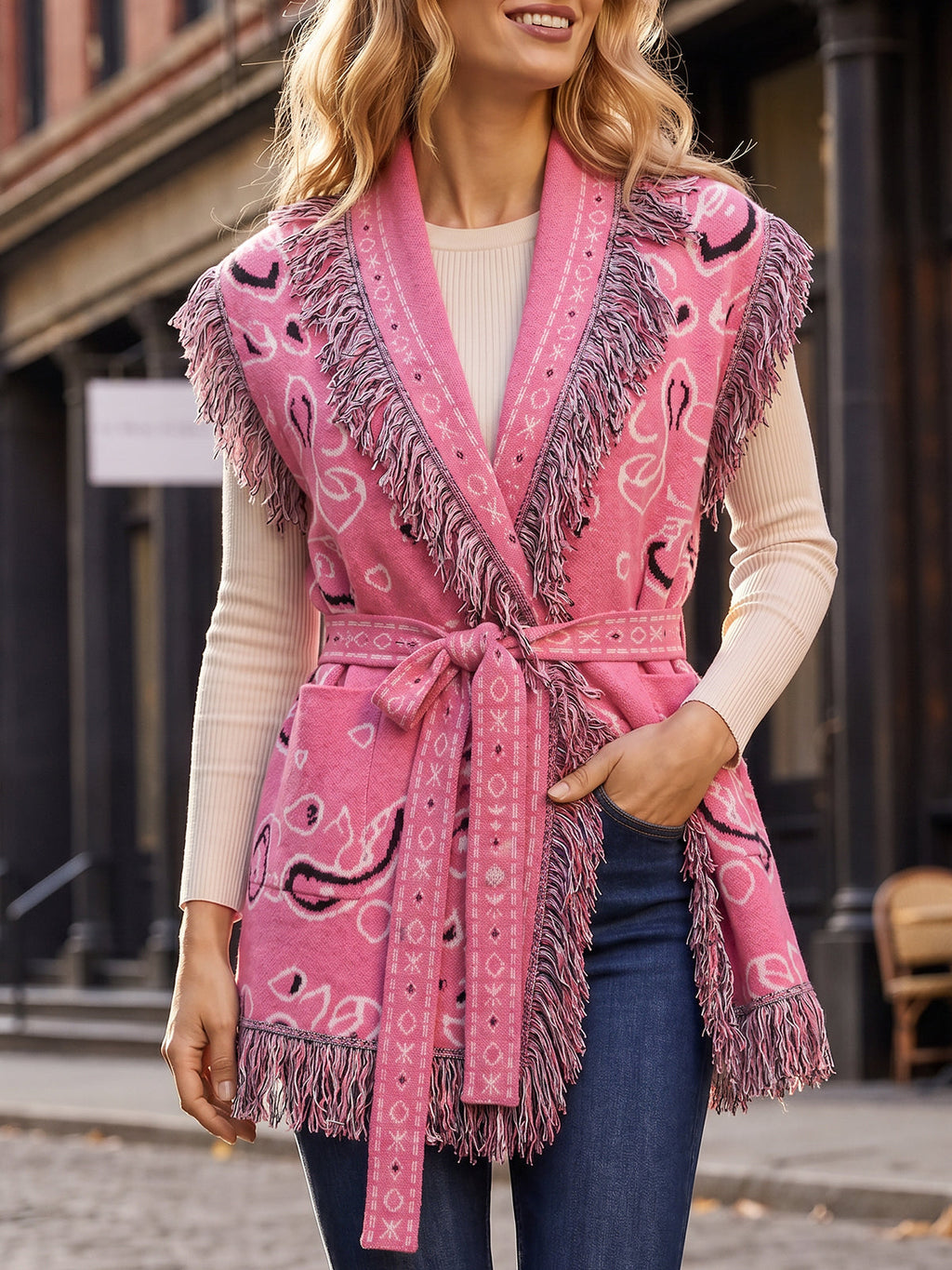 usvara Women Fringe Knit Cardigan