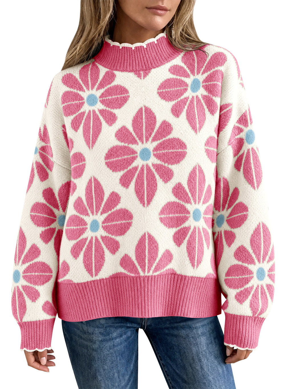usvara Womens Mock Neck Floral Knit Sweater