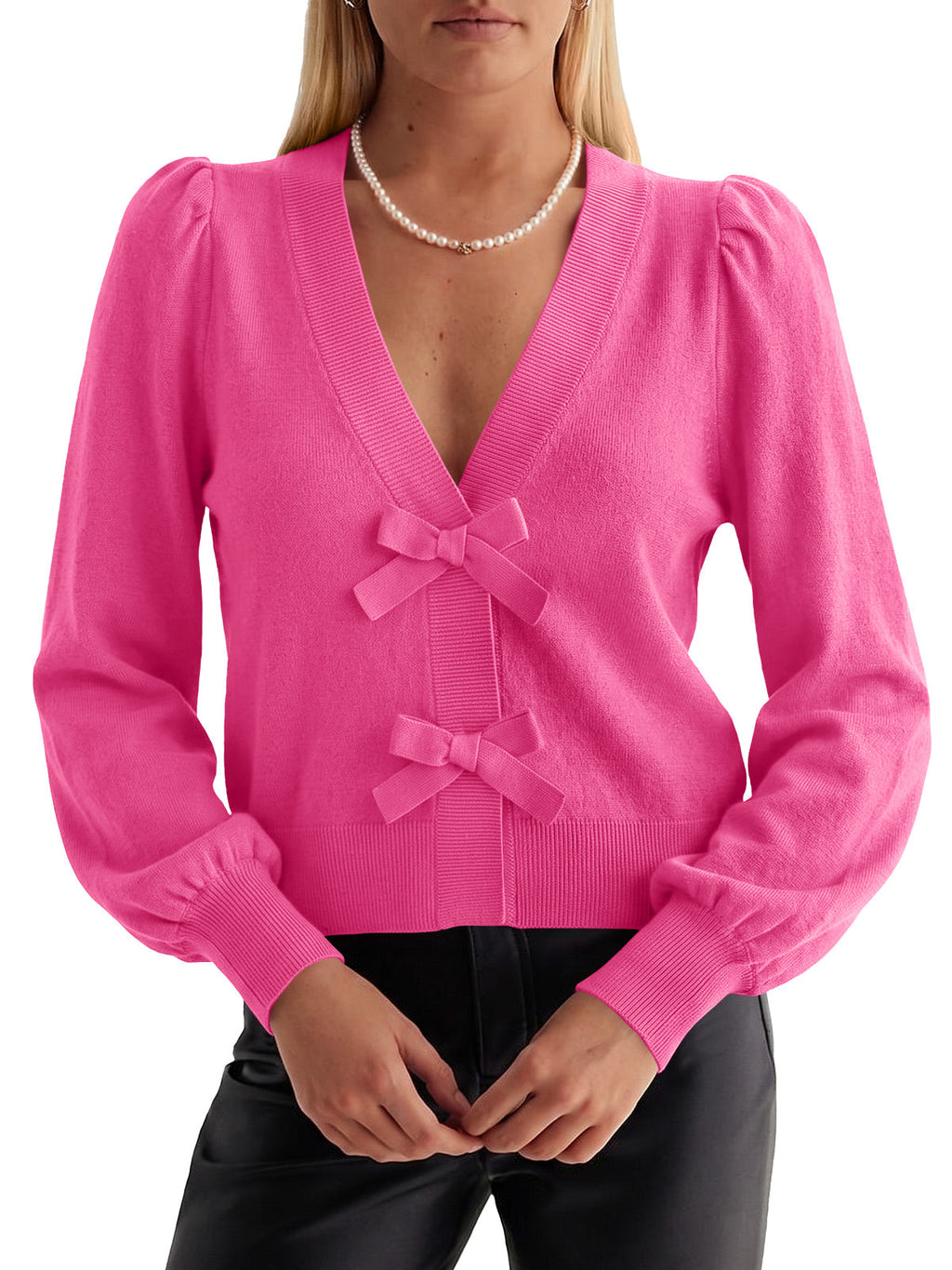 usvara Women V Neck Bow Knit Cardigan