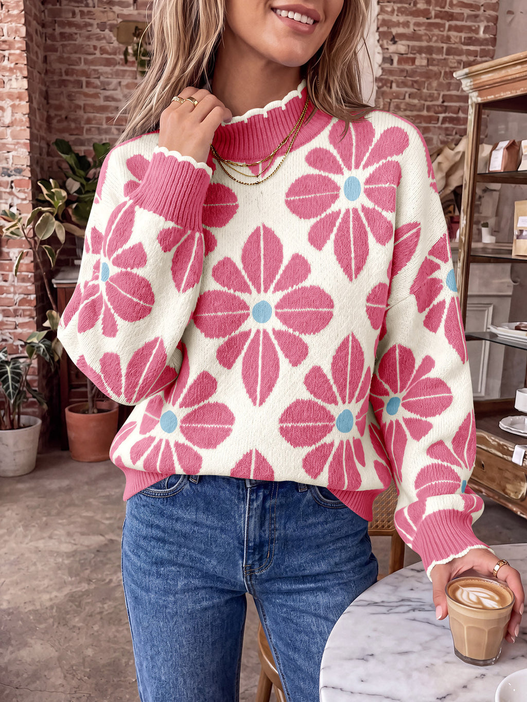 usvara Womens Mock Neck Floral Knit Sweater