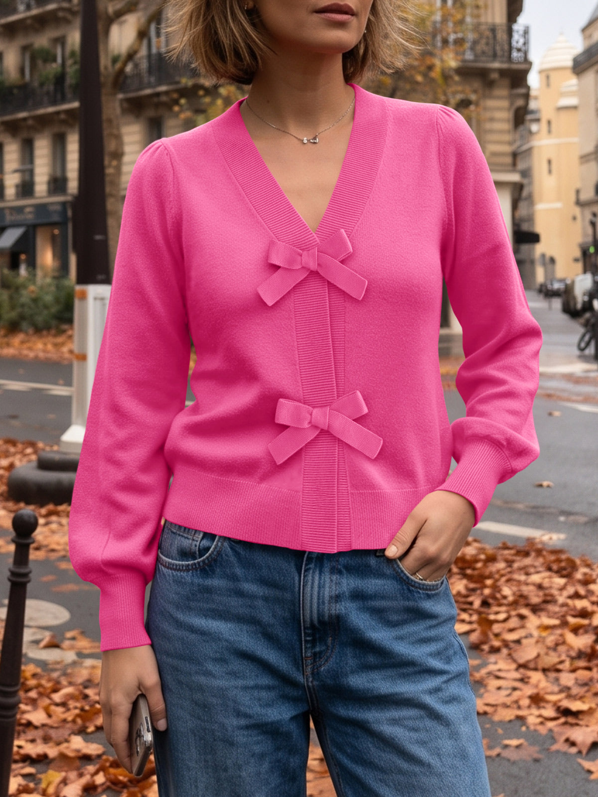 usvara Women V Neck Bow Knit Cardigan