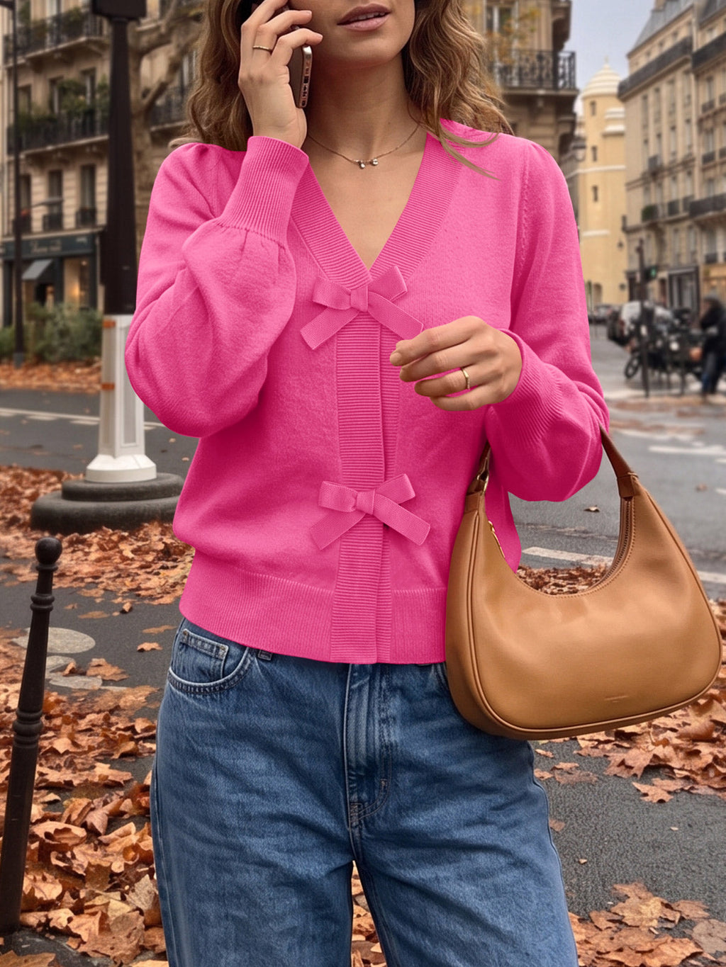 usvara Women V Neck Bow Knit Cardigan