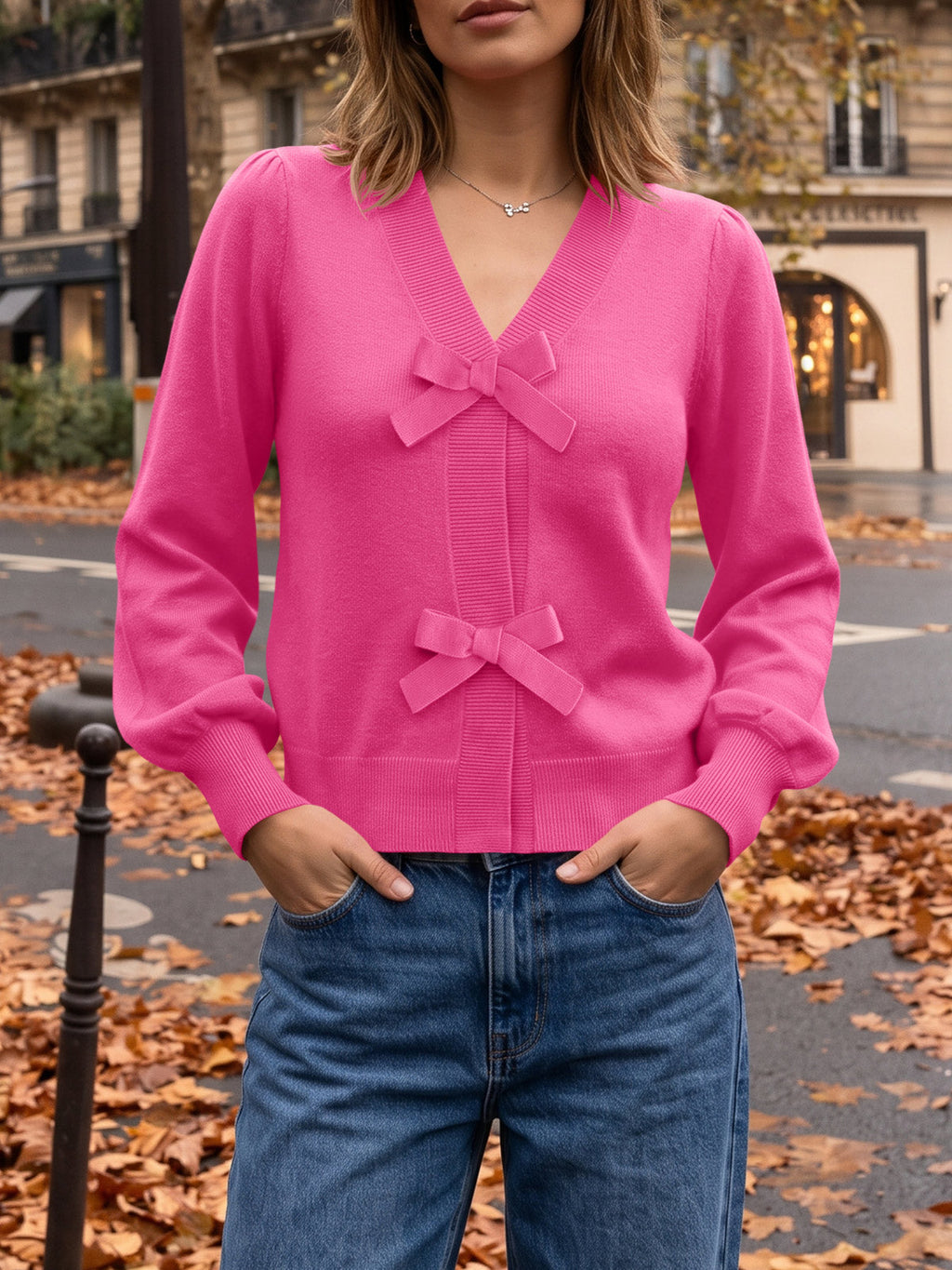 usvara Women V Neck Bow Knit Cardigan