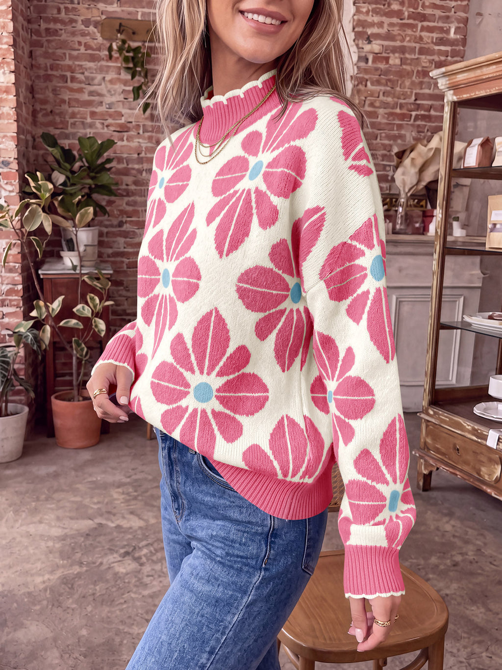 usvara Womens Mock Neck Floral Knit Sweater