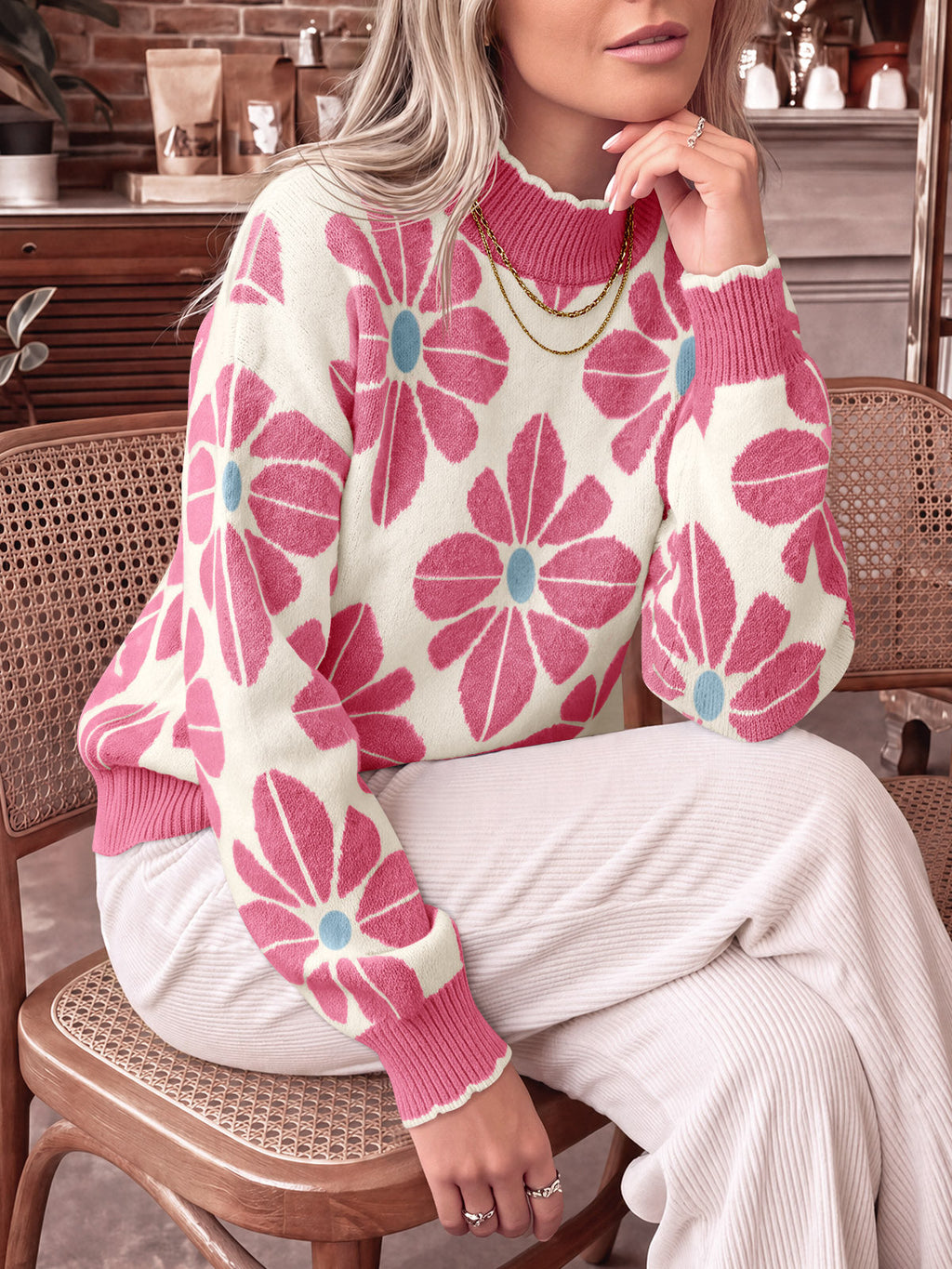 usvara Womens Mock Neck Floral Knit Sweater