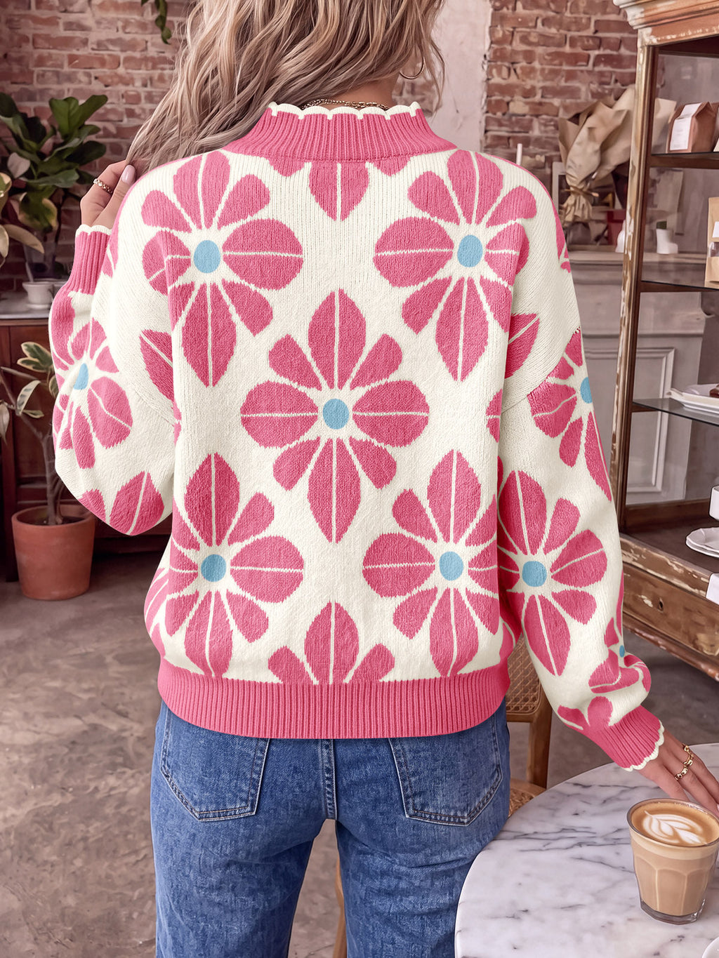 usvara Womens Mock Neck Floral Knit Sweater