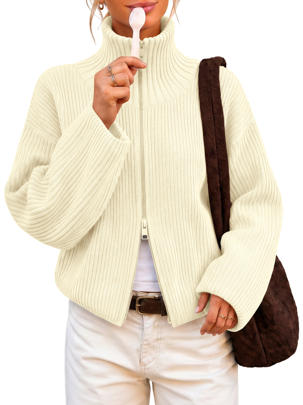 usvara Women Zip Up Chunky Knit Sweater