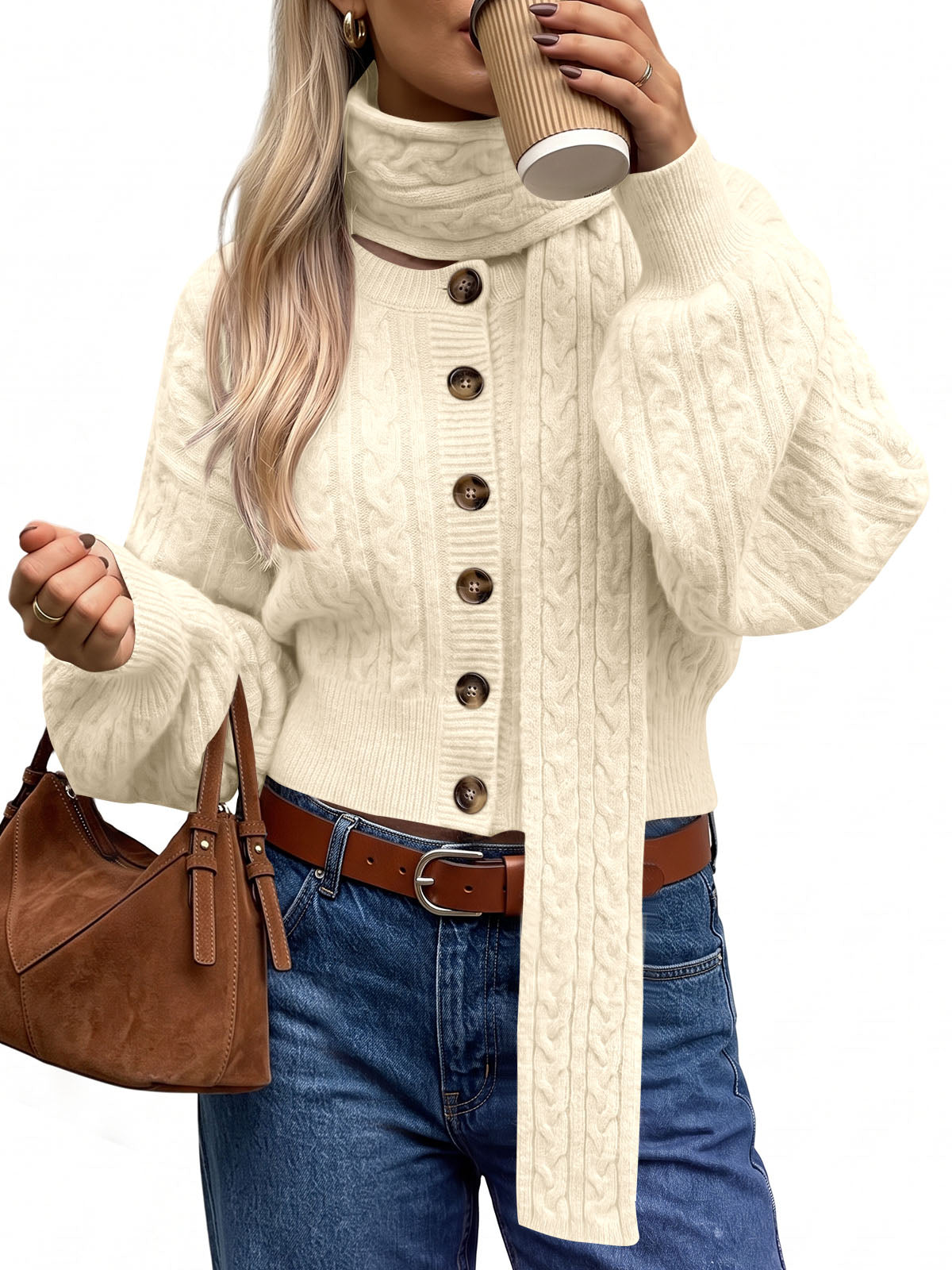 usvara Womens Cable Knit Cardigan with Scarf