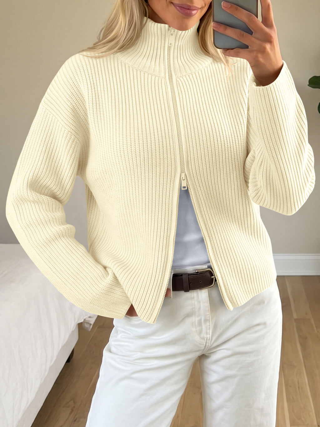 usvara Women Zip Up Chunky Knit Sweater
