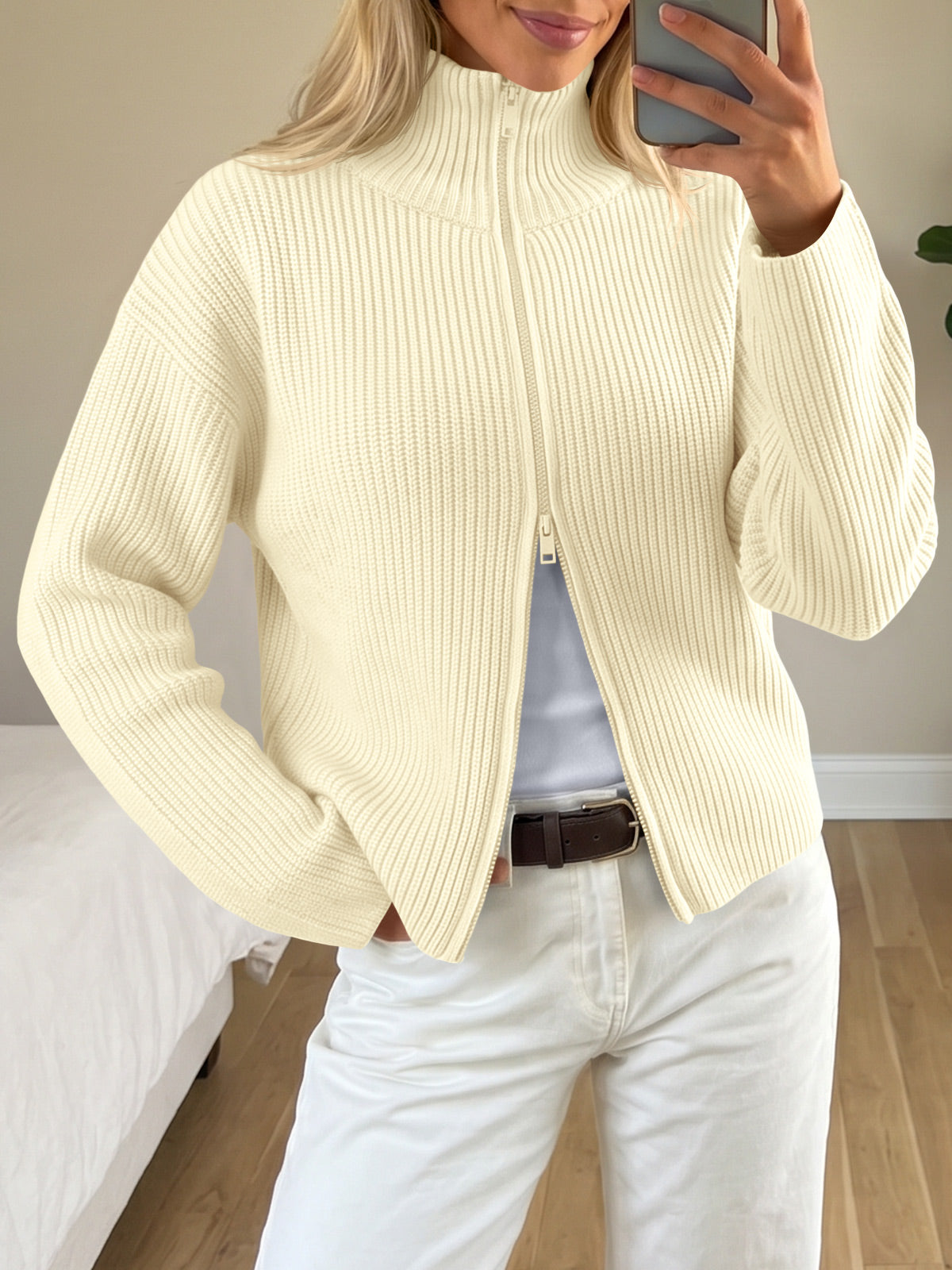 usvara Women Zip Up Chunky Knit Sweater