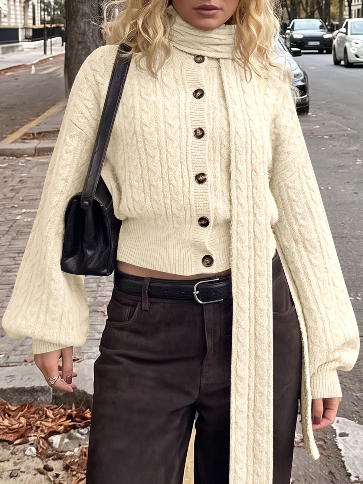 usvara Womens Cable Knit Cardigan with Scarf