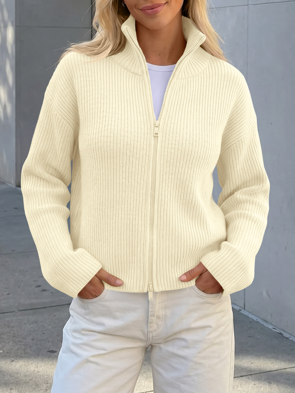 usvara Women Zip Up Chunky Knit Sweater