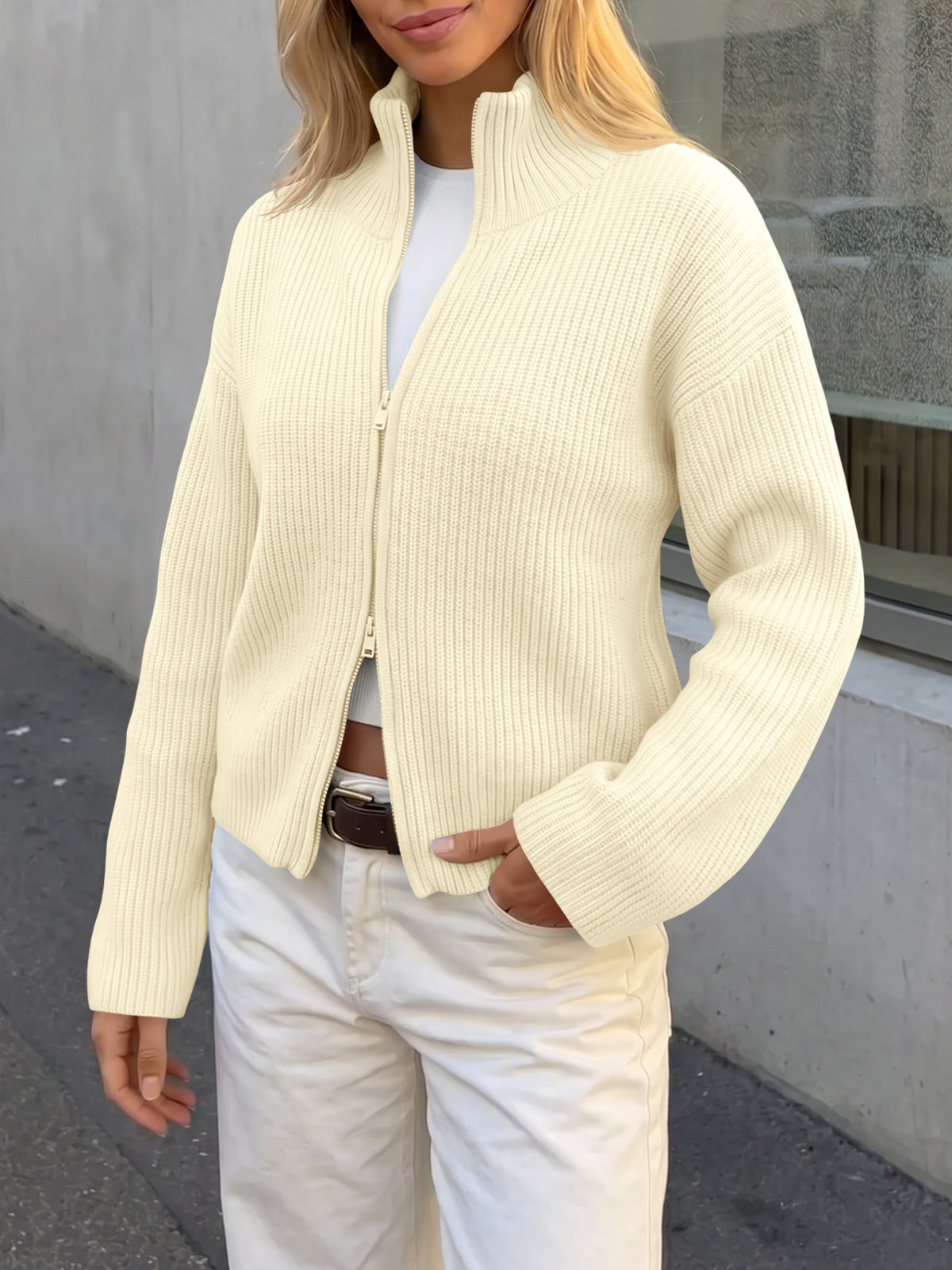 usvara Women Zip Up Chunky Knit Sweater