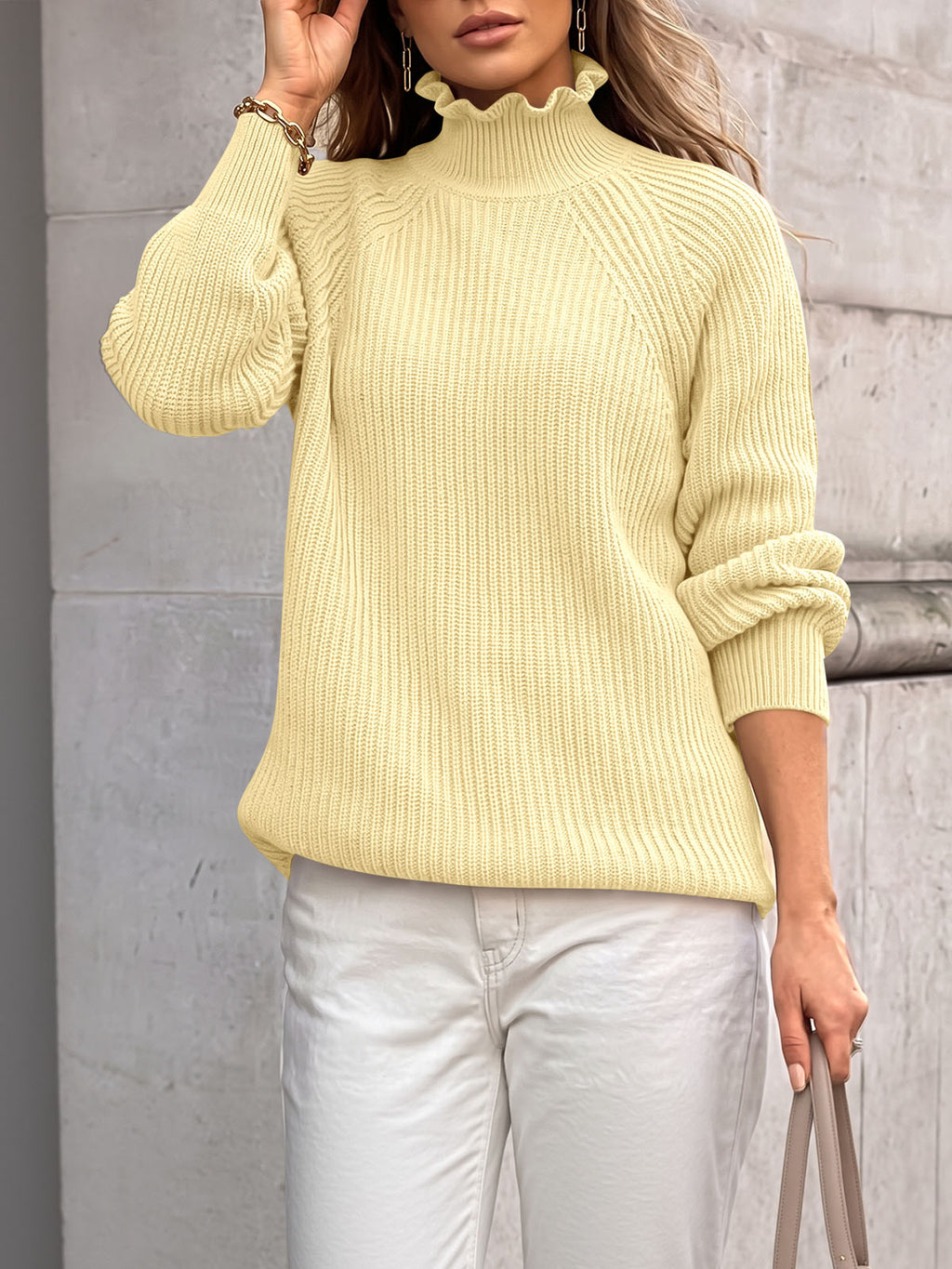 usvara Womens Ruffle Mock Neck Sweater