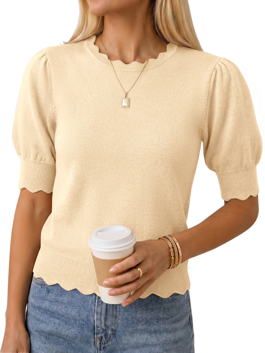 usvara Women Puff Sleeve Knit Top