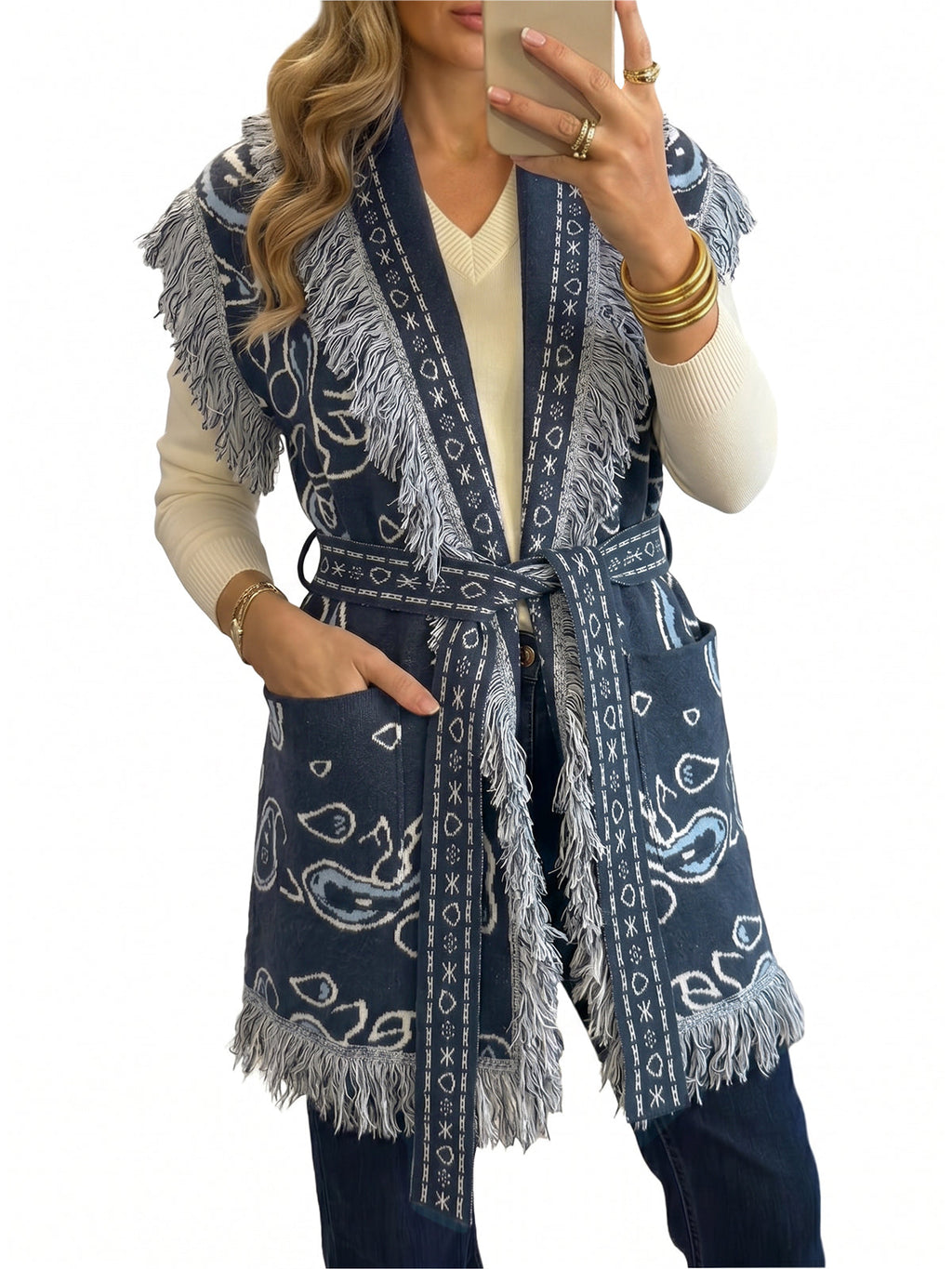 usvara Women Fringe Knit Cardigan