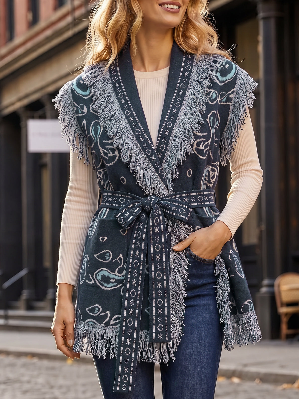 usvara Women Fringe Knit Cardigan