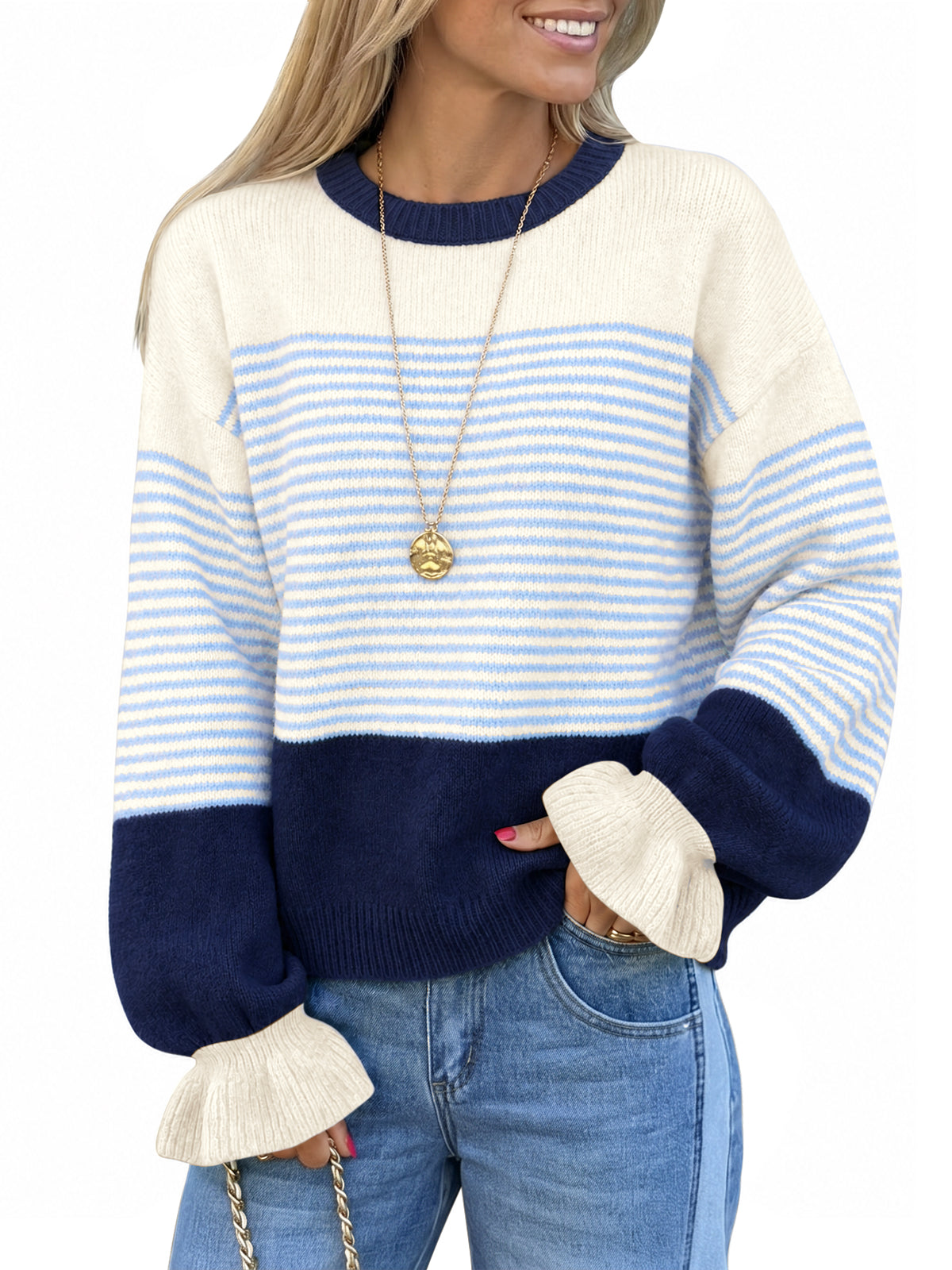 usvara Women Ruffle Sleeve Sweater