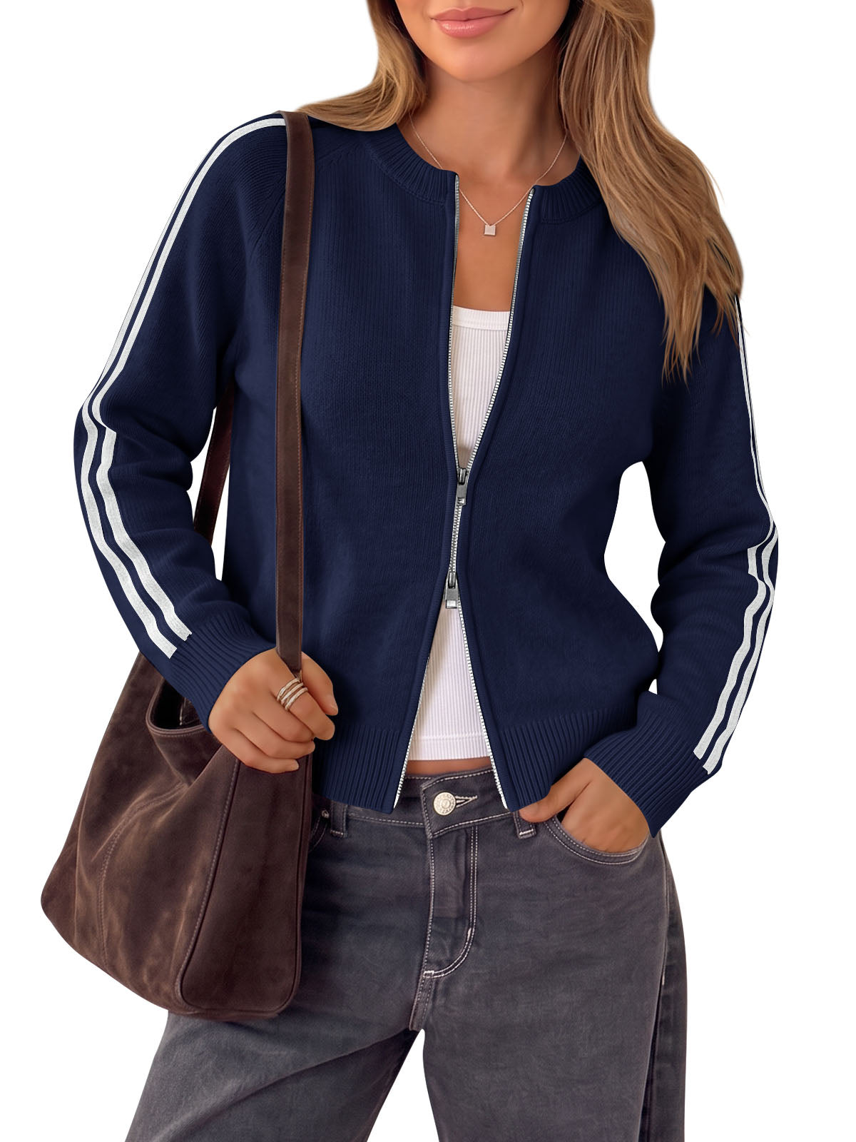 usvara Womens Zip Up Crew Neck Cardigan