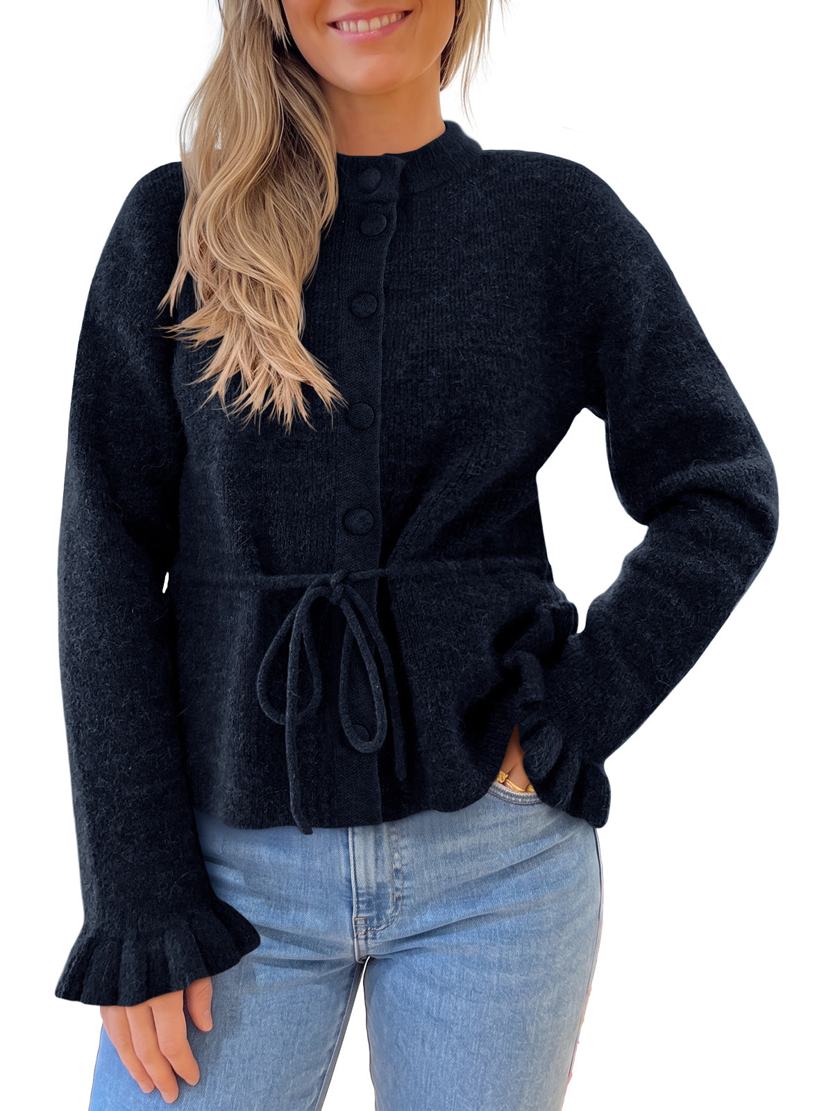 usvara Womens Ruffle Sleeve Button Tie Cardigans